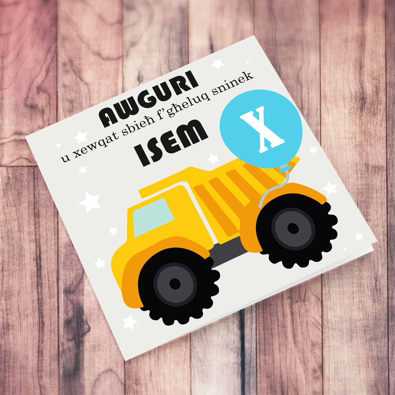 Dump Truck themed birthday card with blue balloon in Maltese (Personalisable)