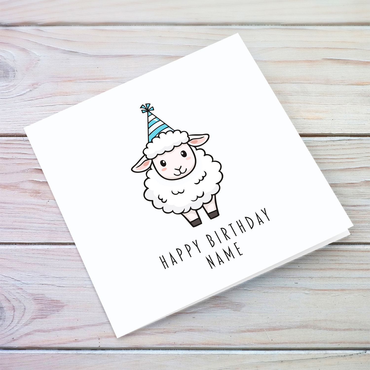 A cute sheep wearing a striped white and light blue party hat birthday card in English (Personalisable)