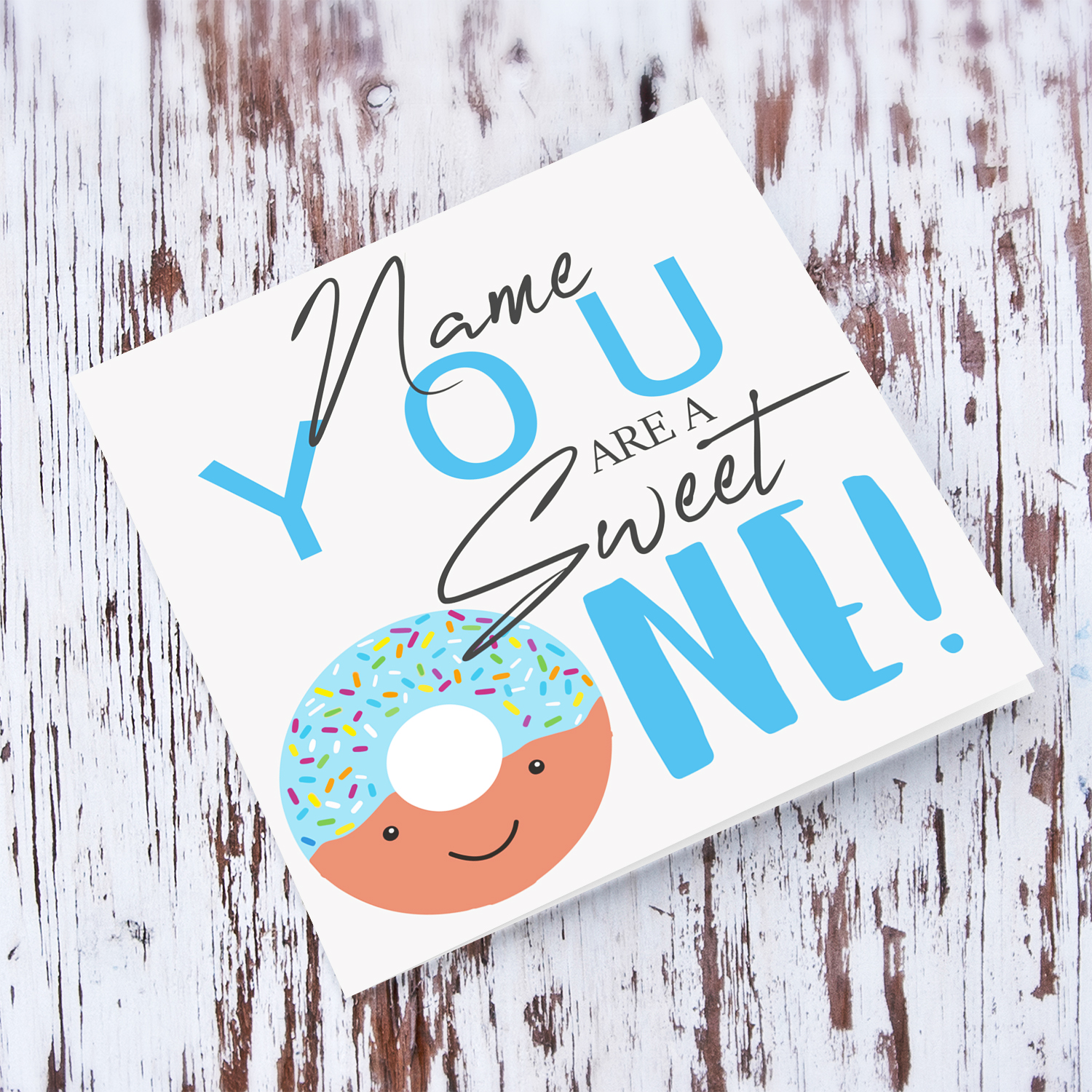 Cute donut themed first birthday card for boys in English (Personalisable)