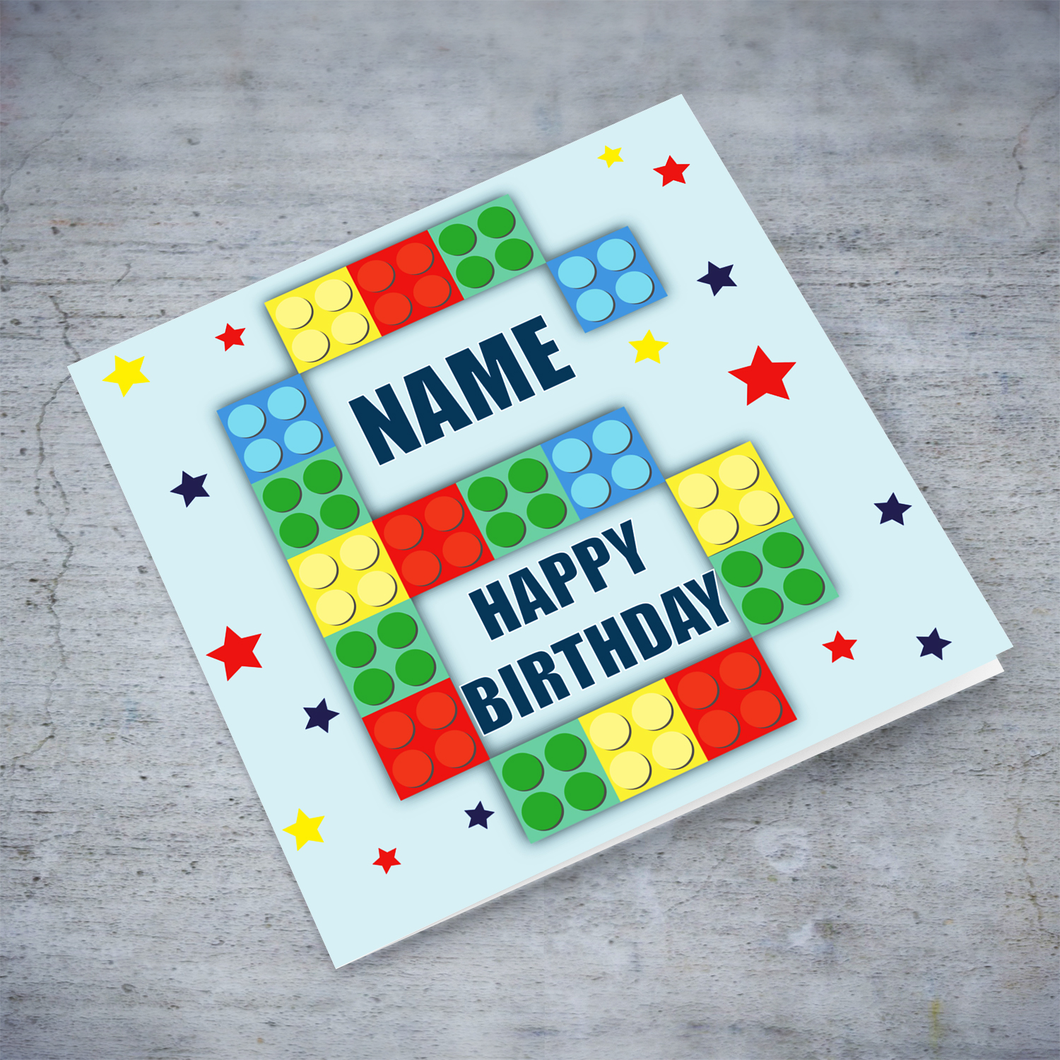 6 - Lego blocks, 6th Birthday Card in English with colourful stars (Personalisable)