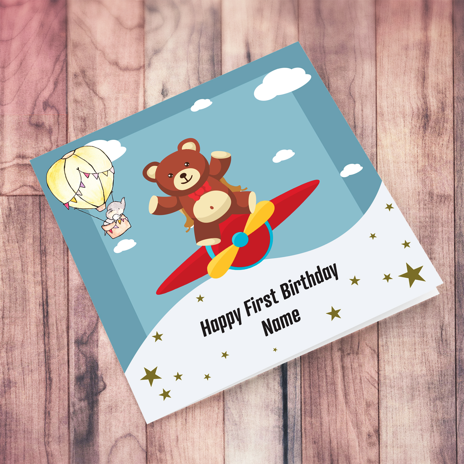 Cute teddy bear themed FIRST birthday card with a blue background and red plane in English (Personalisable)