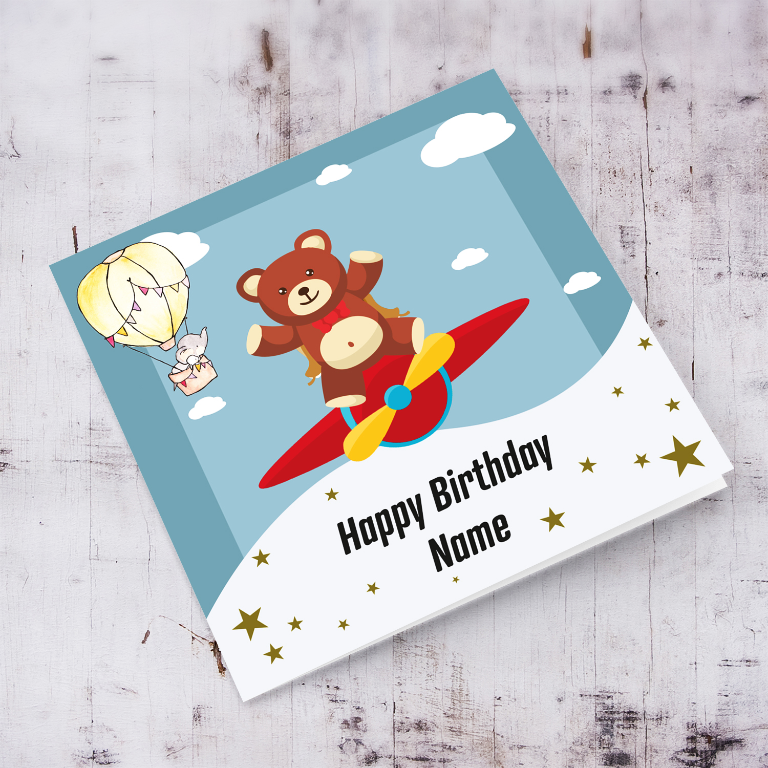 Cute teddy bear themed birthday card with a blue background and red plane in English (Personalisable)