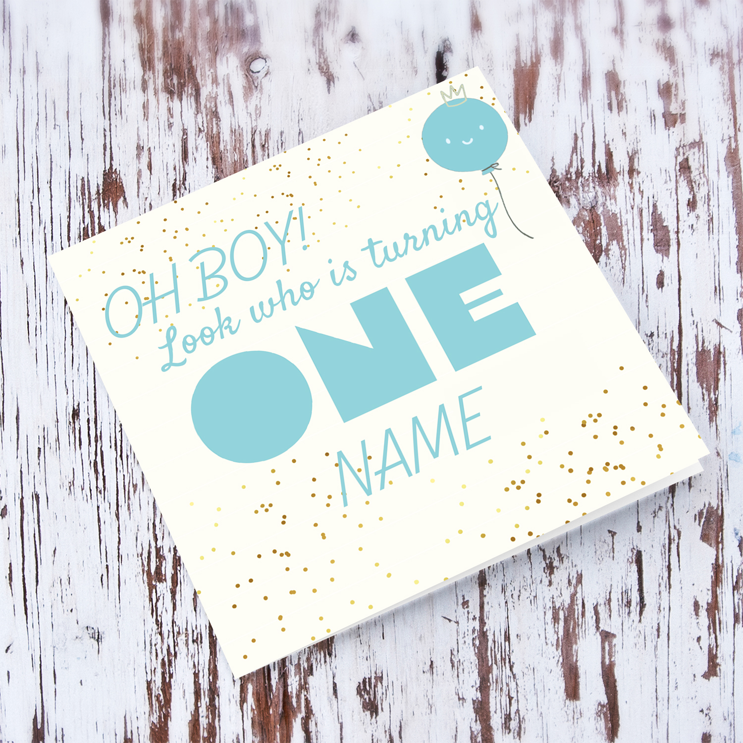 Look who's turning ONE - birthday card with blue/turquoise text with cute balloon in English (Personalisable)
