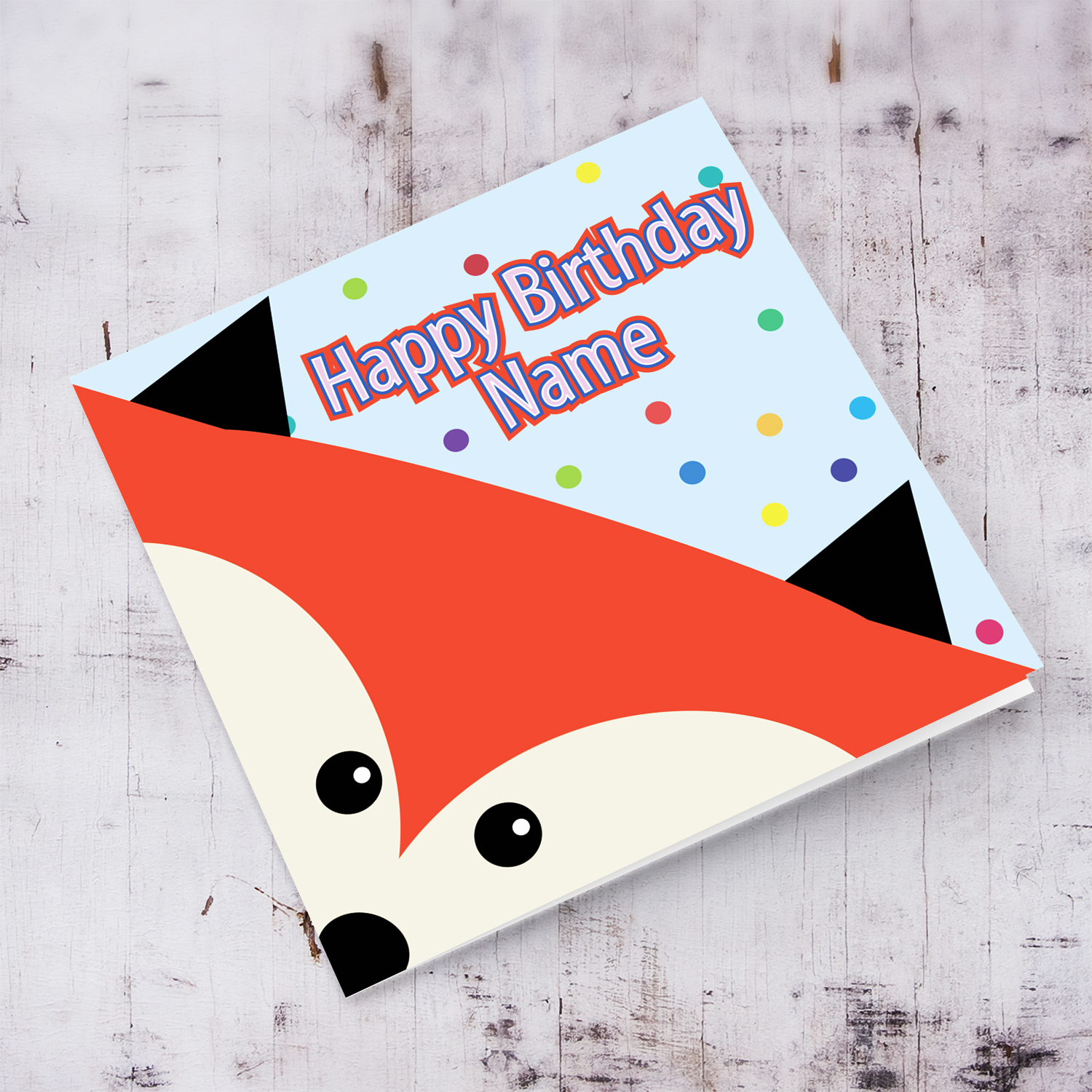 A cute fox themed birthday card in light blue background and scattered colourful dots in English
