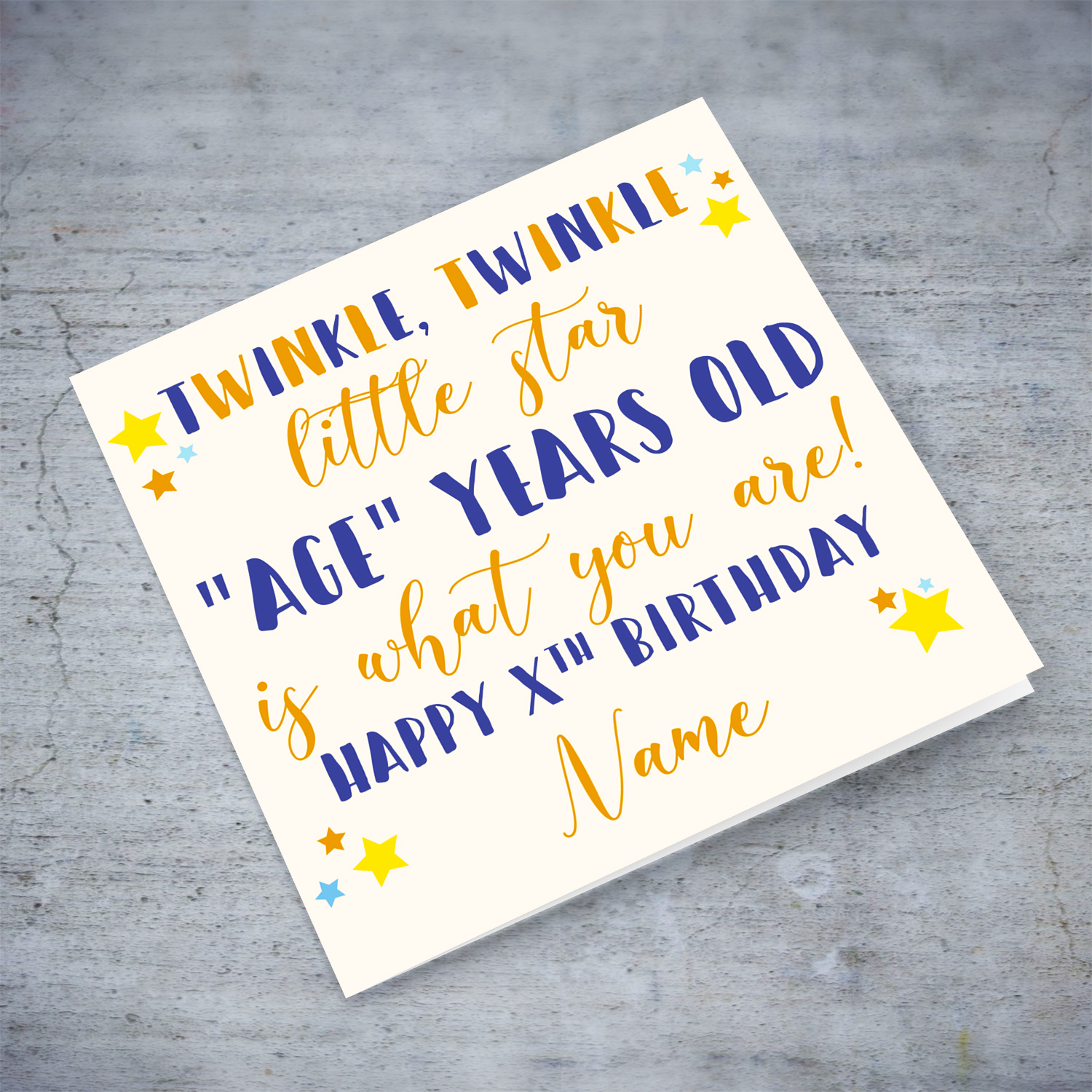 Twinkle twinkle little star birthday card for boys in blue and orange text in English (Personalisable)
