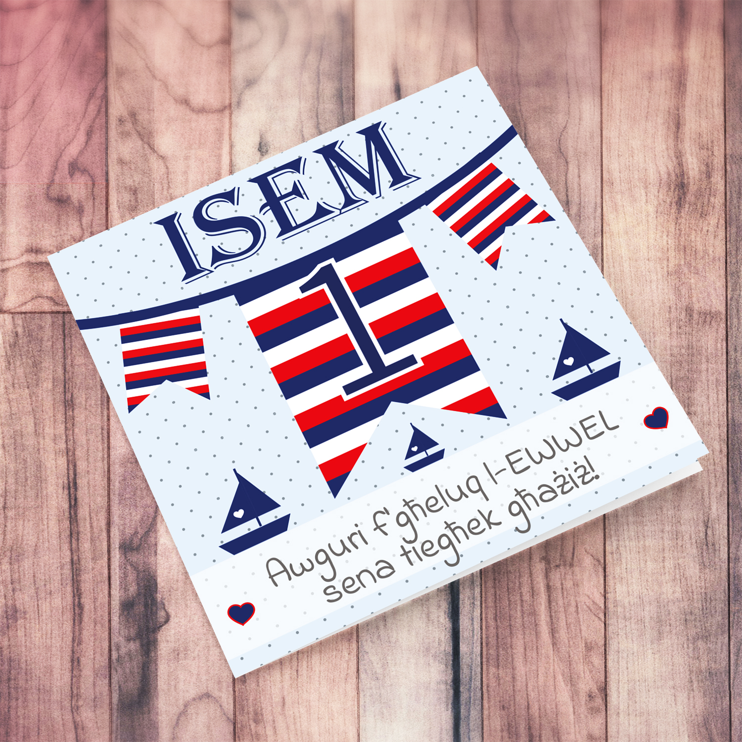 Nautical themed birthday card in light blue spotted background for someone dear - FIRST year in Maltese