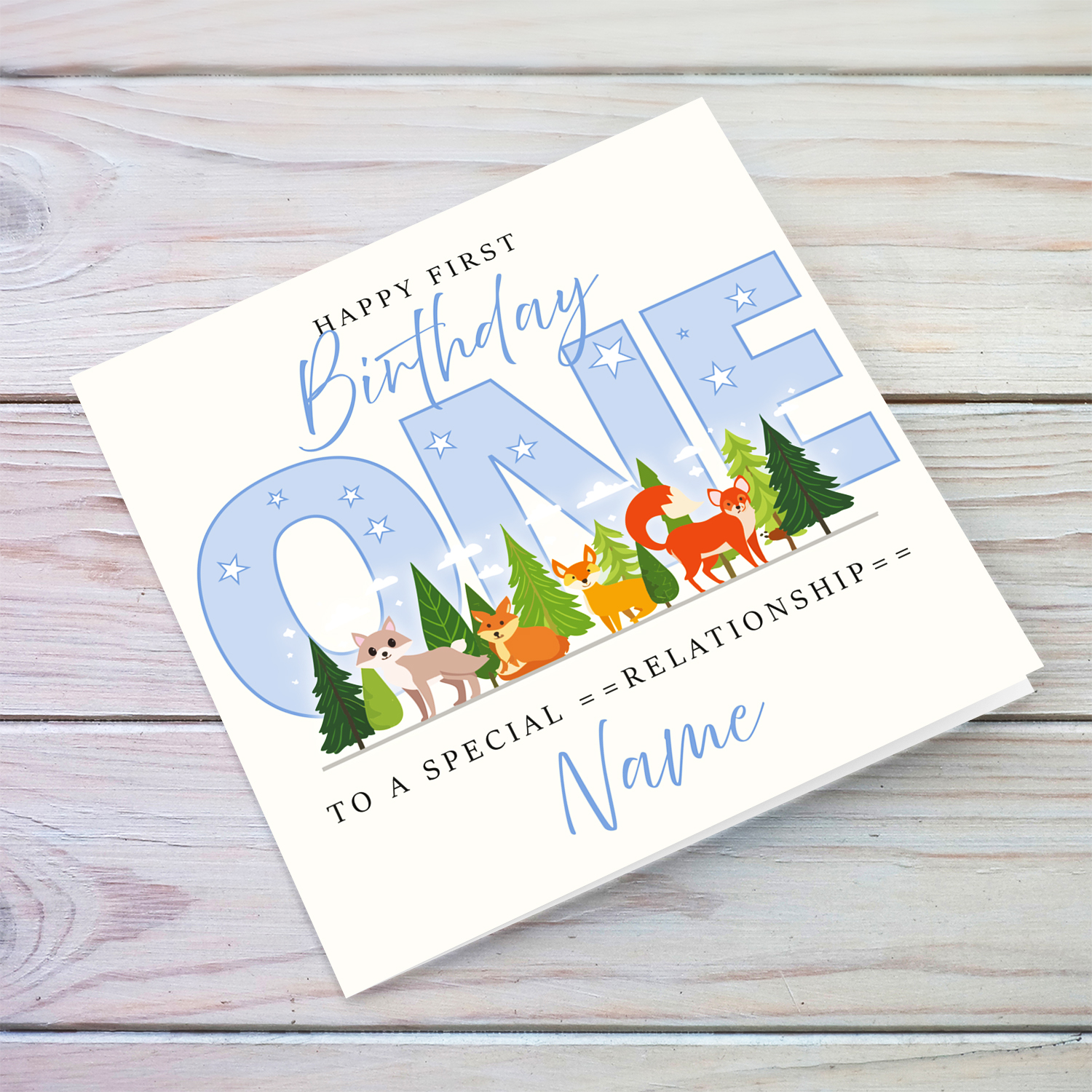 A cute First Birthday card - featuring cute forest animals and trees in English (Personalisable)