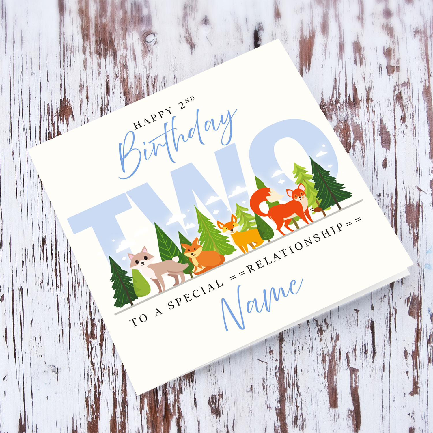 A cute 2nd Birthday card - featuring cute forest animals and trees in English (Personalisable)