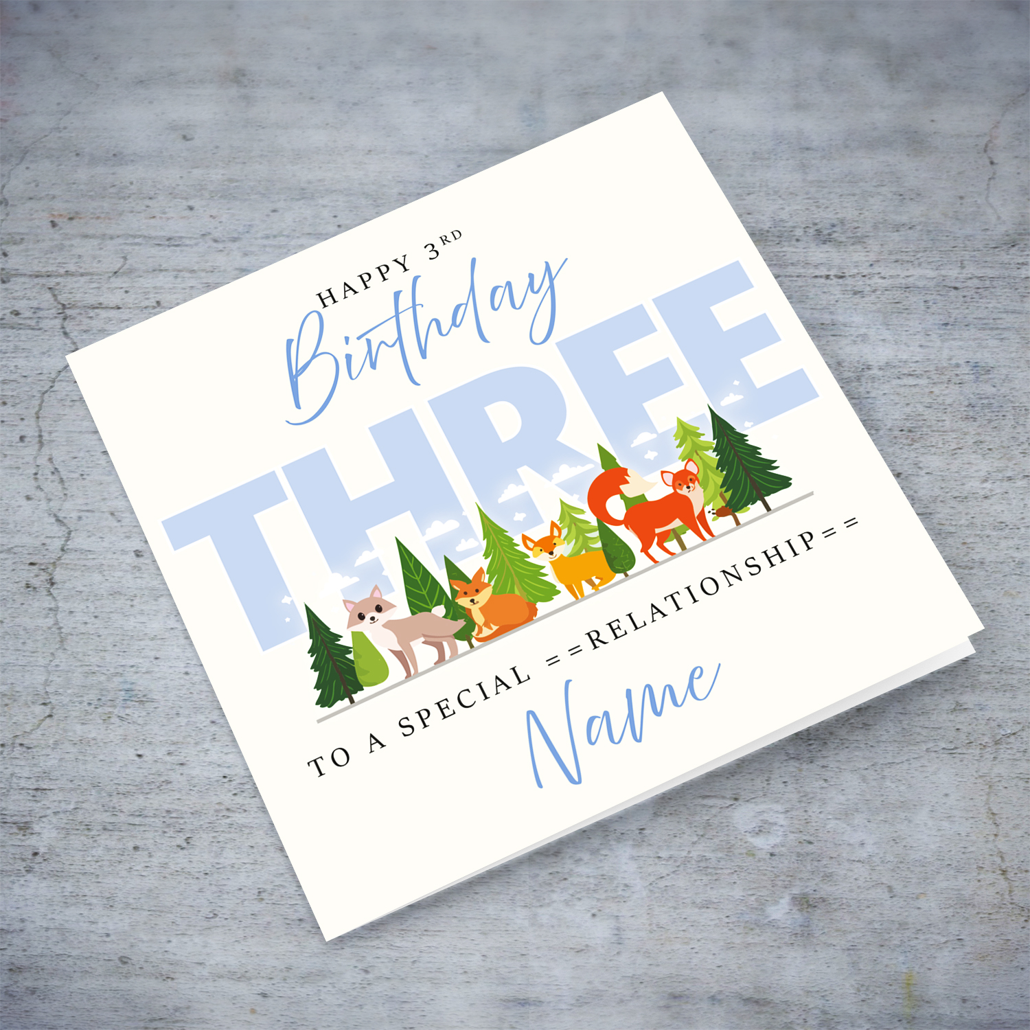A cute 3rd Birthday card - featuring cute forest animals and trees in English (Personalisable)