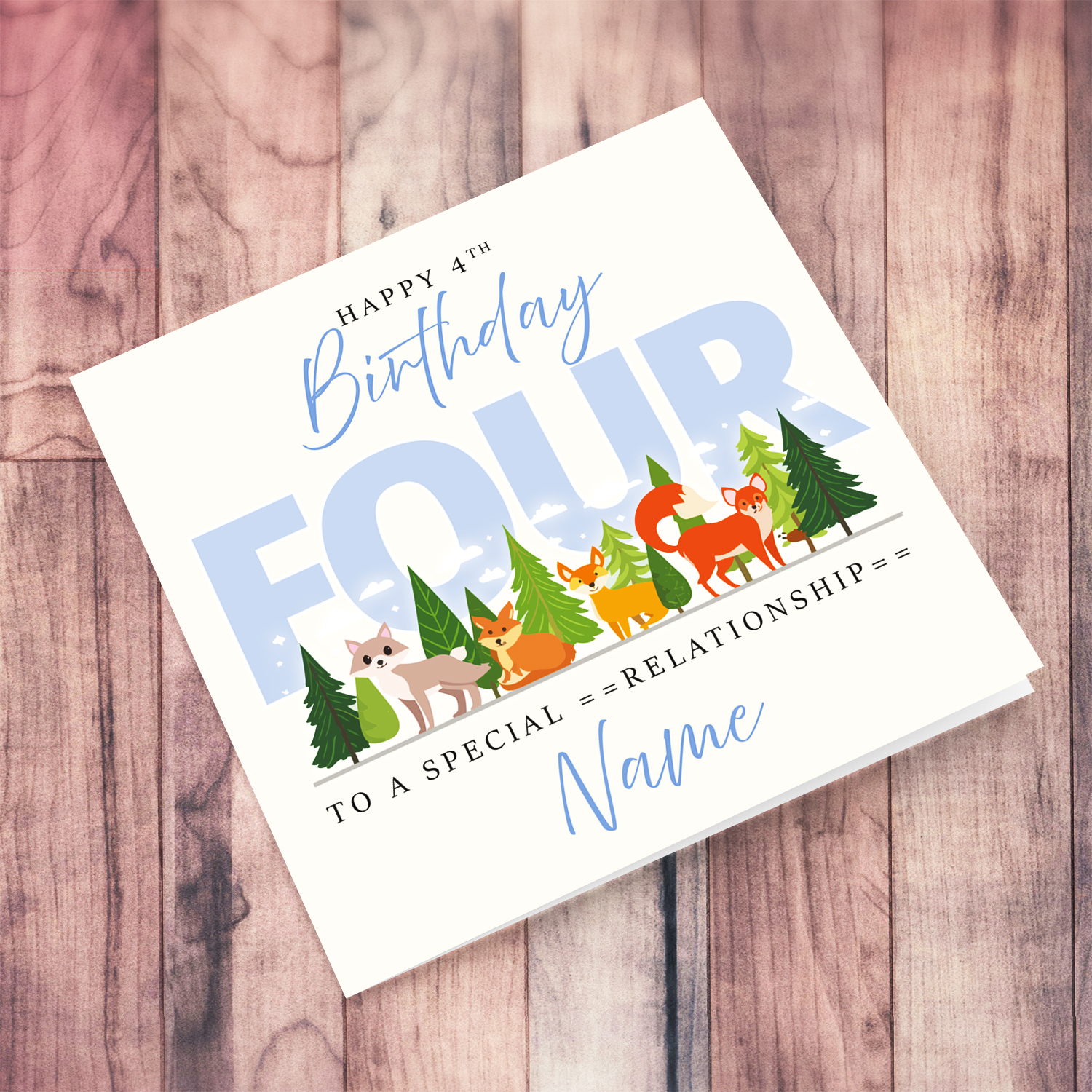 A cute 4 th Birthday card - featuring cute forest animals and trees in English (Personalisable)
