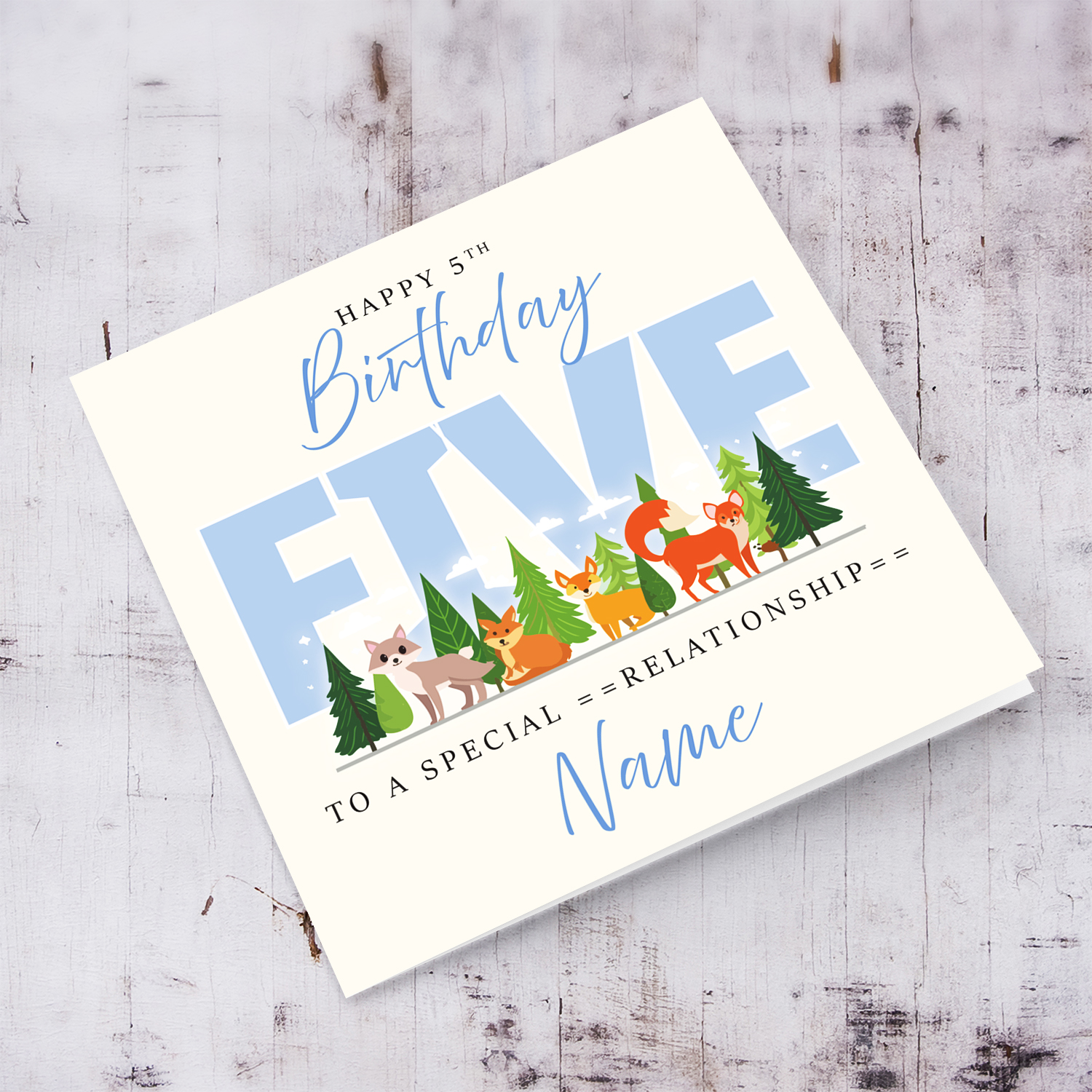 A cute 5 th Birthday card - featuring cute forest animals and trees in English (Personalisable)