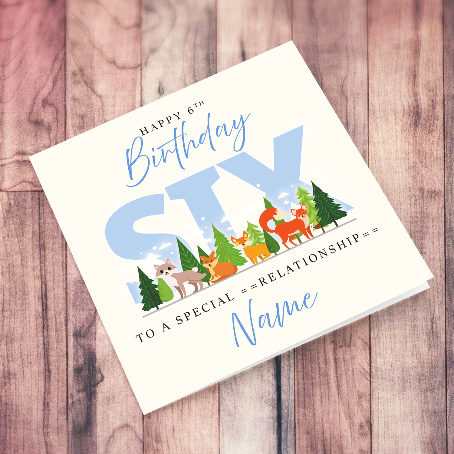 A cute 6 thBirthday card - featuring cute forest animals and trees in English (Personalisable)