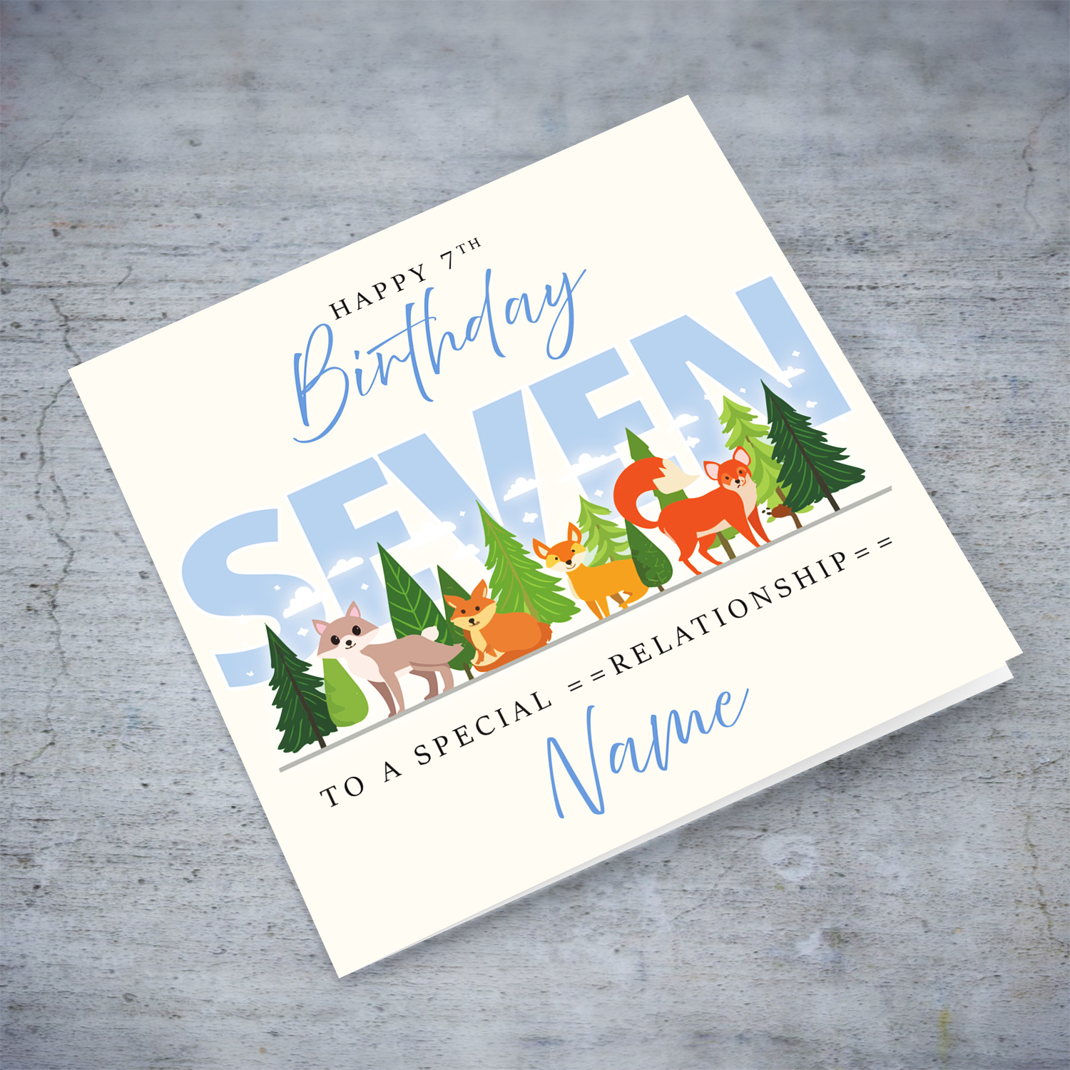 A cute 7 th Birthday card - featuring cute forest animals and trees in English (Personalisable)