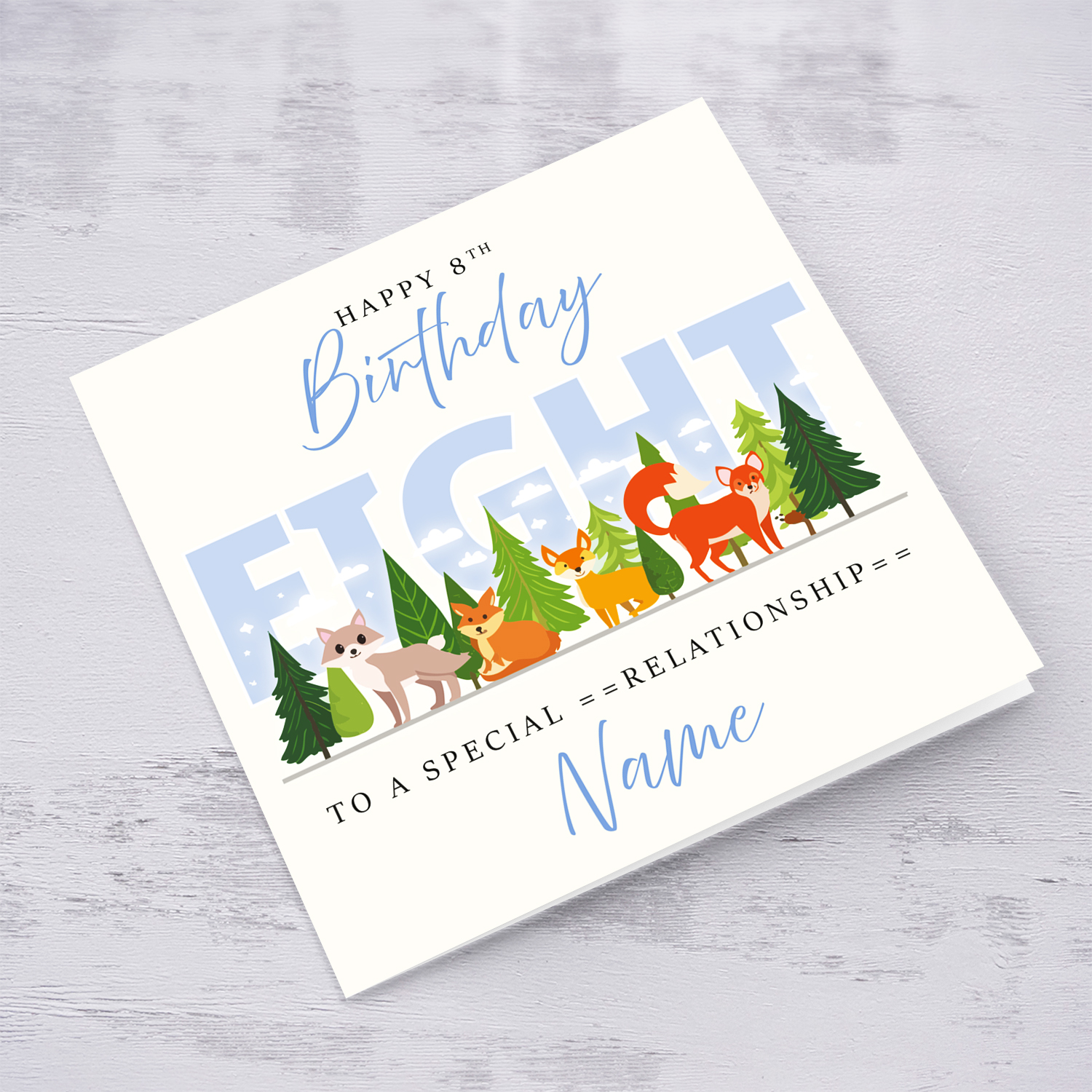 A cute 8 th Birthday card - featuring cute forest animals and trees in English (Personalisable)