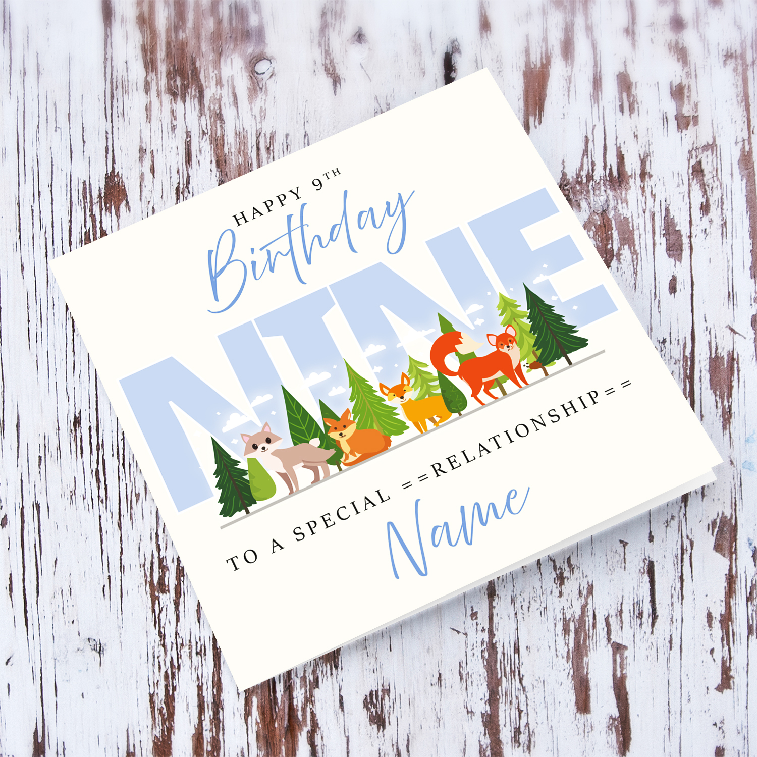 A cute 9 thBirthday card - featuring cute forest animals and trees in English (Personalisable)