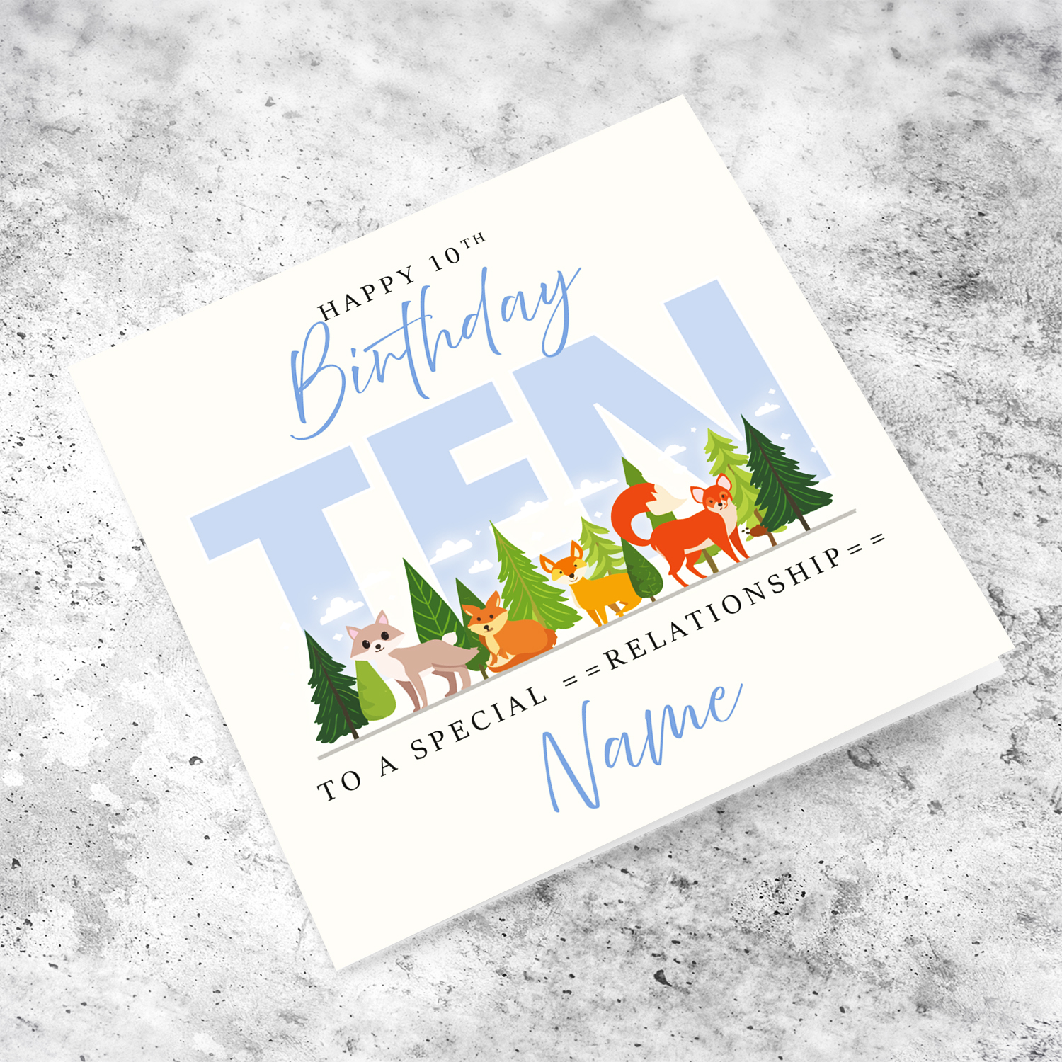 A cute 10 th Birthday card - featuring cute forest animals and trees in English (Personalisable)