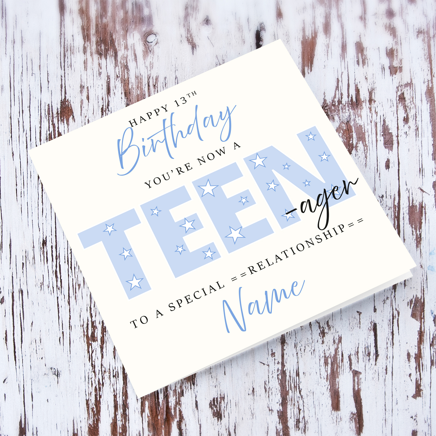 A cute 13th TEENAGER Birthday card - featuring large font TEEN with scattered stars in English (Personalisable)