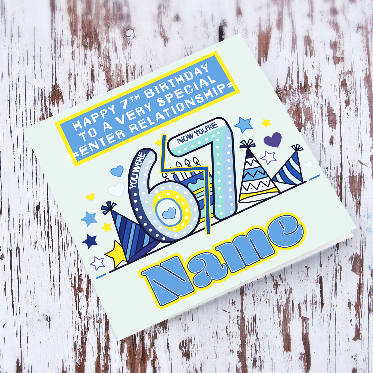 Cool 6 - 7 Birthday card for boys featuring a big 6 & 7, party hats and birthday cake in English (Personalisable)