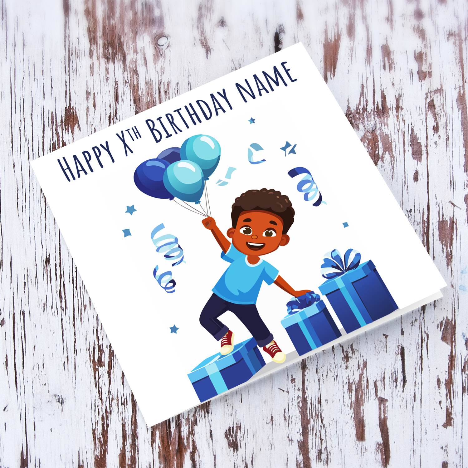 A cute birthday card featuring a boy surrounded with presents and balloons in English (Personalisable with age and name)