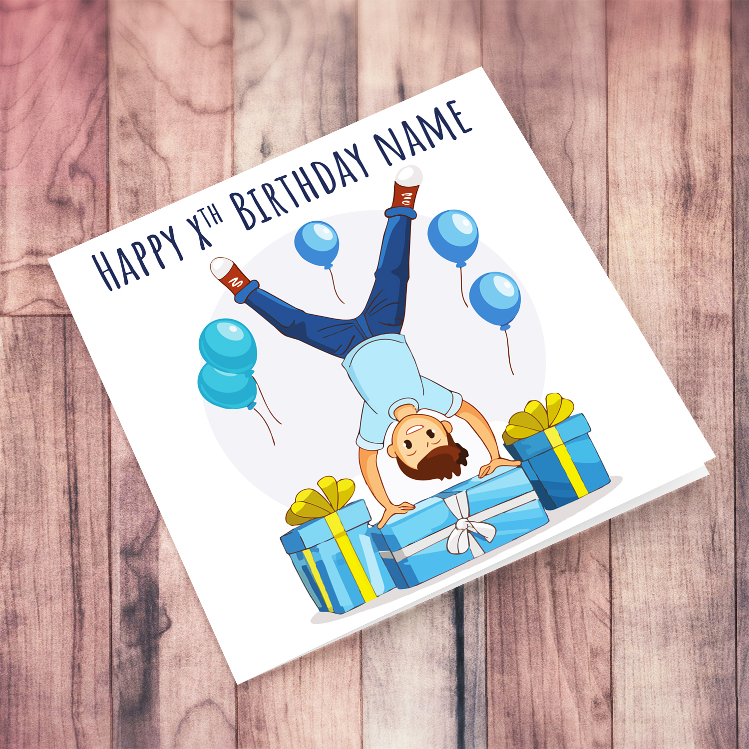 A cute birthday card featuring a boy doing a headstand surrounded with presents and balloons in English (Personalisable with age and name)