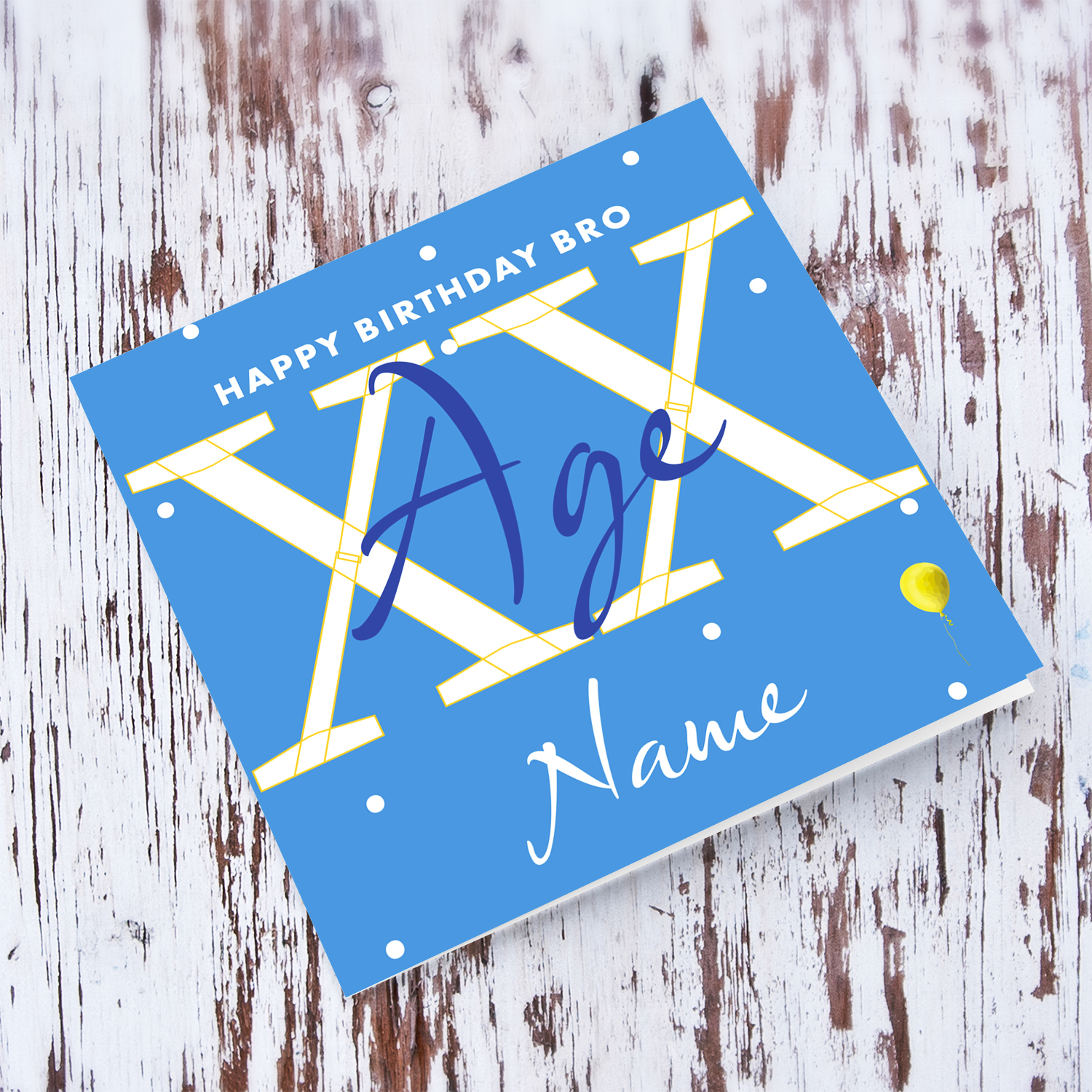 A blue background birthday card in white spots, for Bro / Best friend in white text in English (Personalisable)