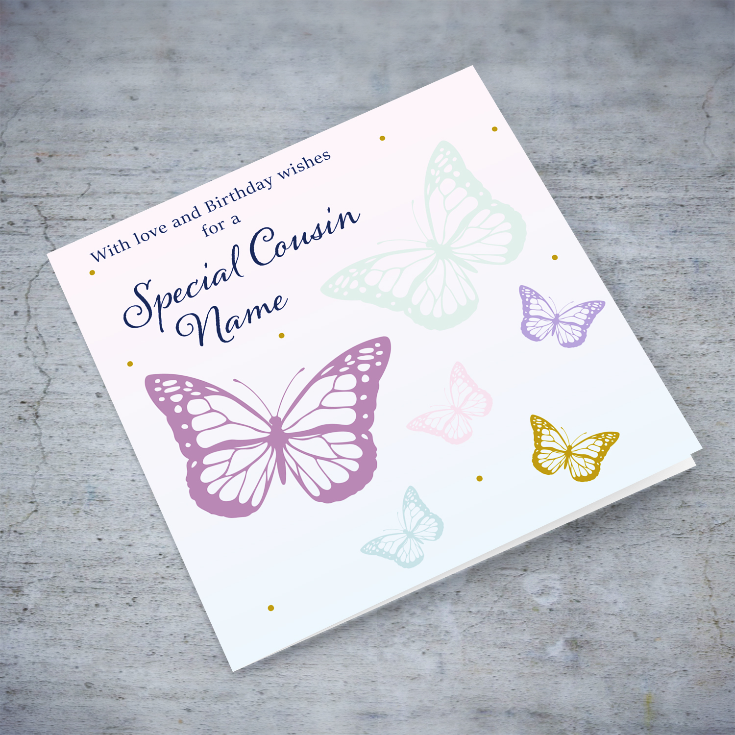 Butterfly themed birthday card for Cousin with a gradient background of pink and blue in English