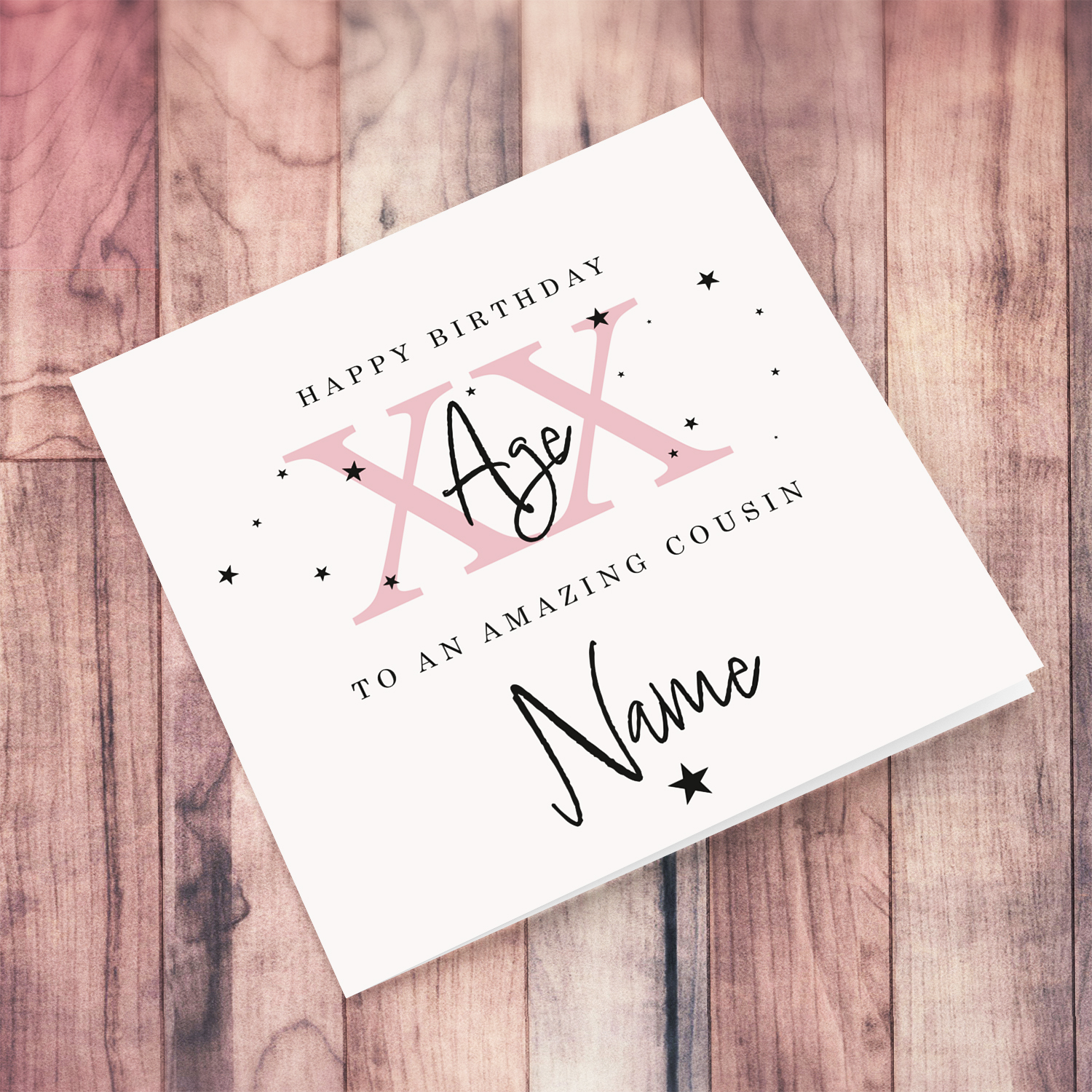 A beautiful birthday card for an amazing cousin in a neutral background with scattered black stars, and age in pink - with personalisable Name & Age in English