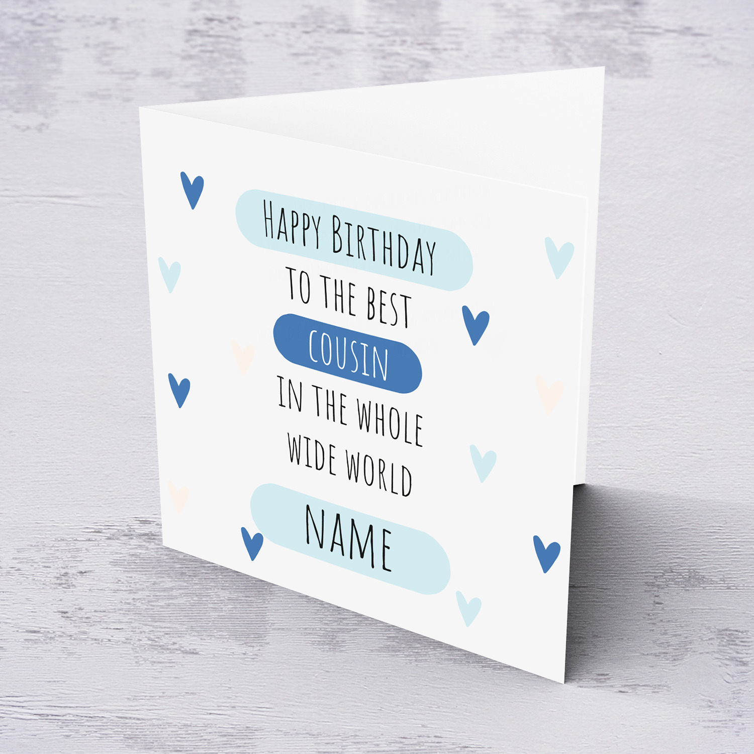 Happy Birthday to the best cousin in the whole wide world - birthday card in light gray background and scattered hearts in English (Personalisable)
