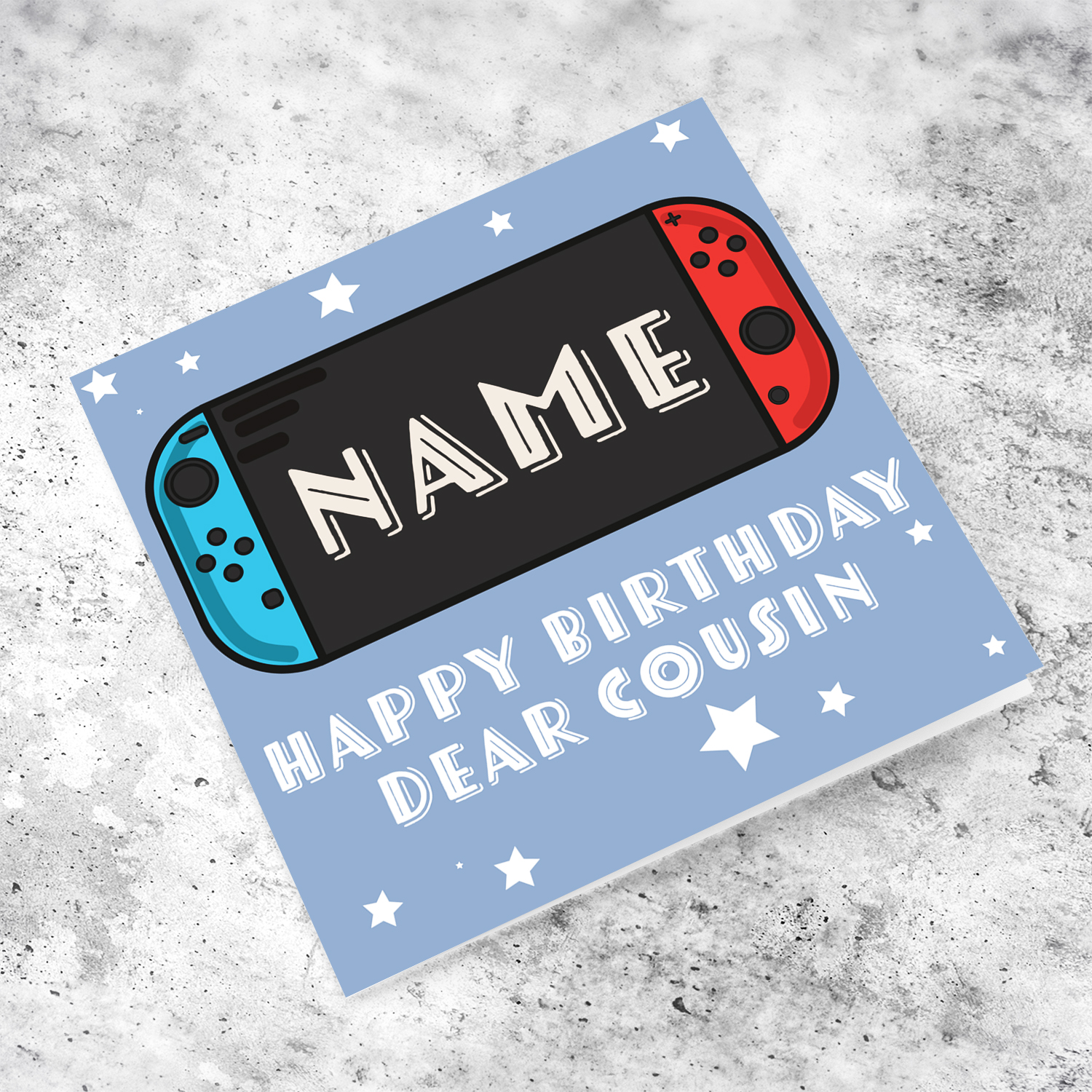 Game console themed unisex birthday card for cousin in English (Personalisable)