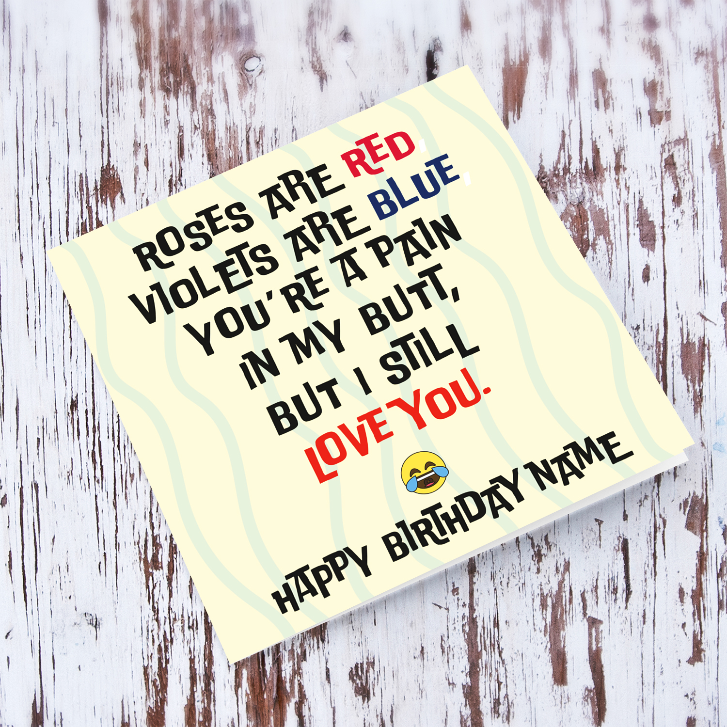 Funny birthday card in a cream background with laughing emoji in English (Personalisable)
