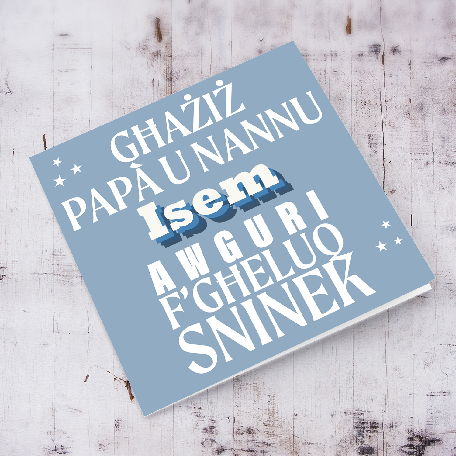 A light blue/gray background with scattered white hearts birthday card for Dad & grandpa in Maltese (Personalisable)