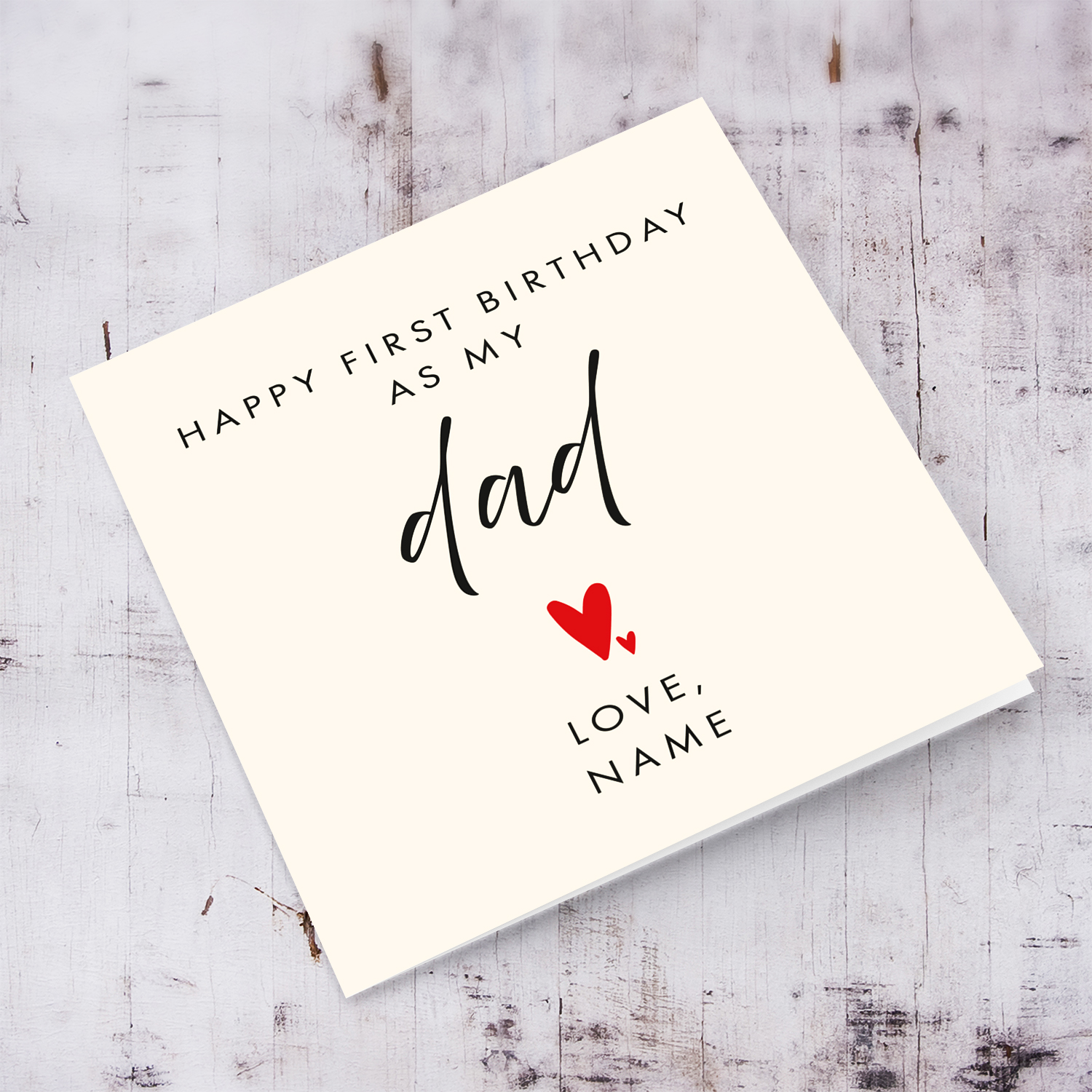 Minimalist birthday card - Happy first birthday as my dad with two red hearts in English