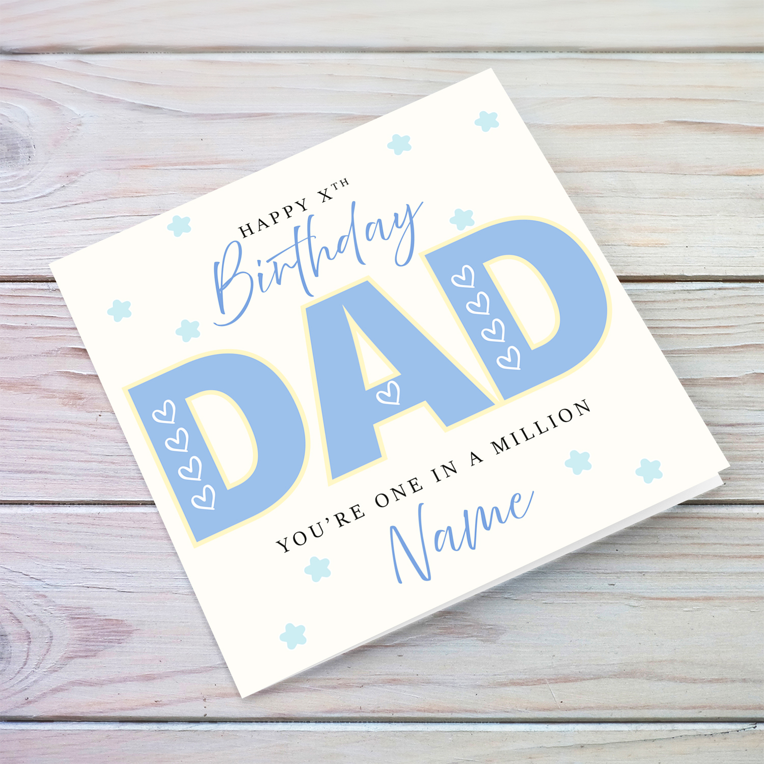 A beautiful birthday card for DAD in big light blue font featuring hearts in English (Personalisable)
