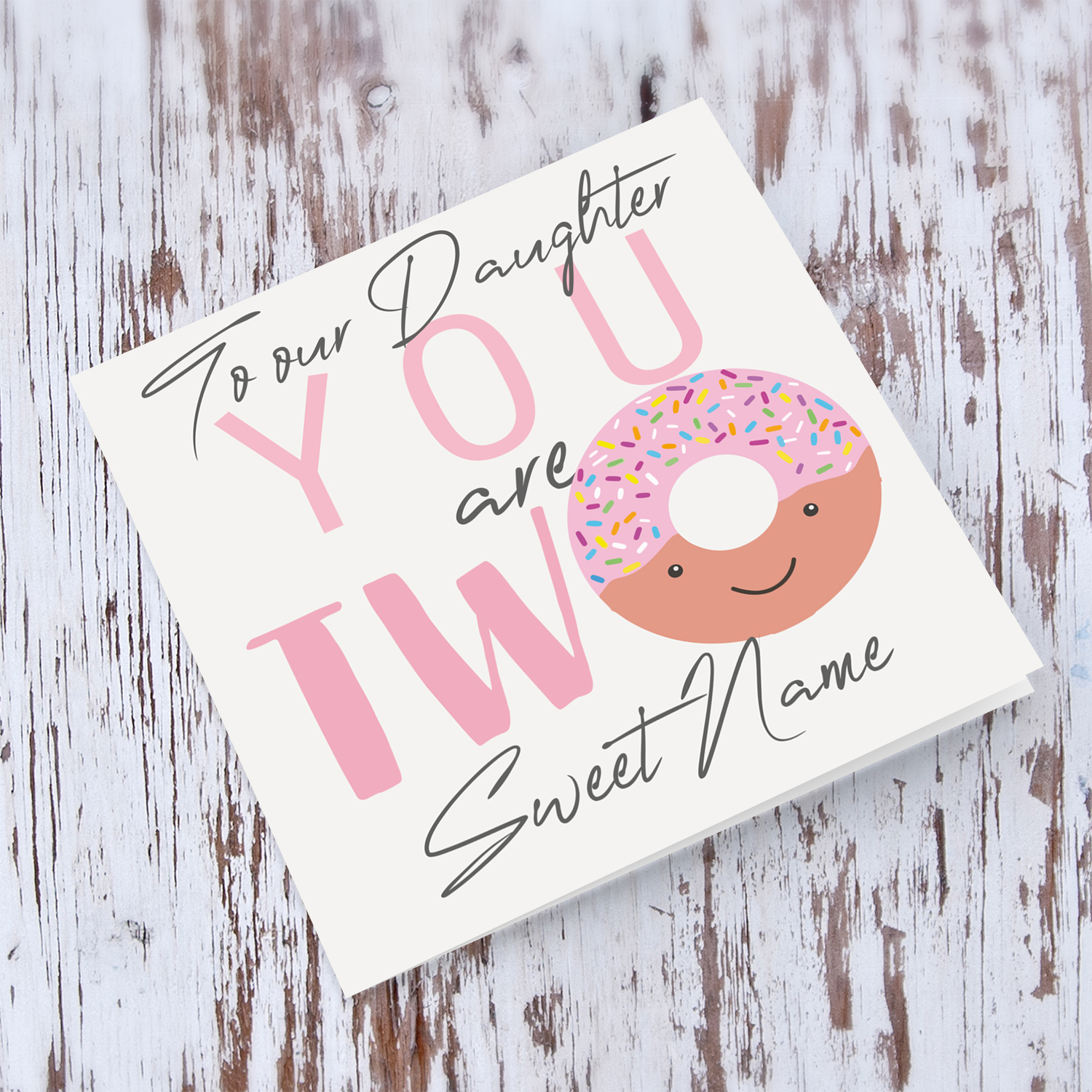 Cute donut themed birthday card for 2 year old daughter in English (Personalisable)