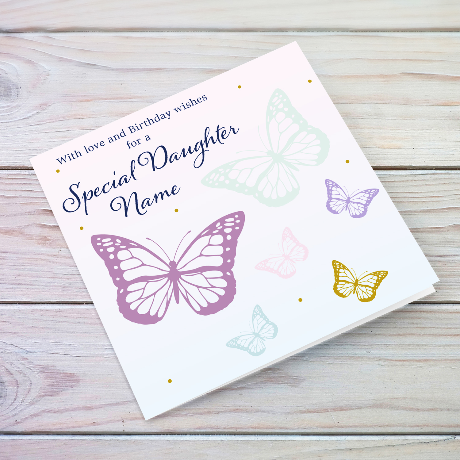 Butterfly themed birthday card for Daughter with a gradient background of pink and blue in English