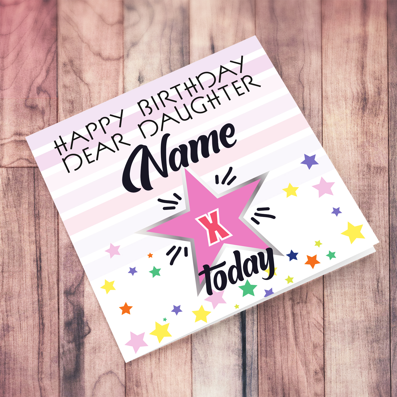 Daughter - Pink themed birthday card with scattered stars in English (Personalisable)