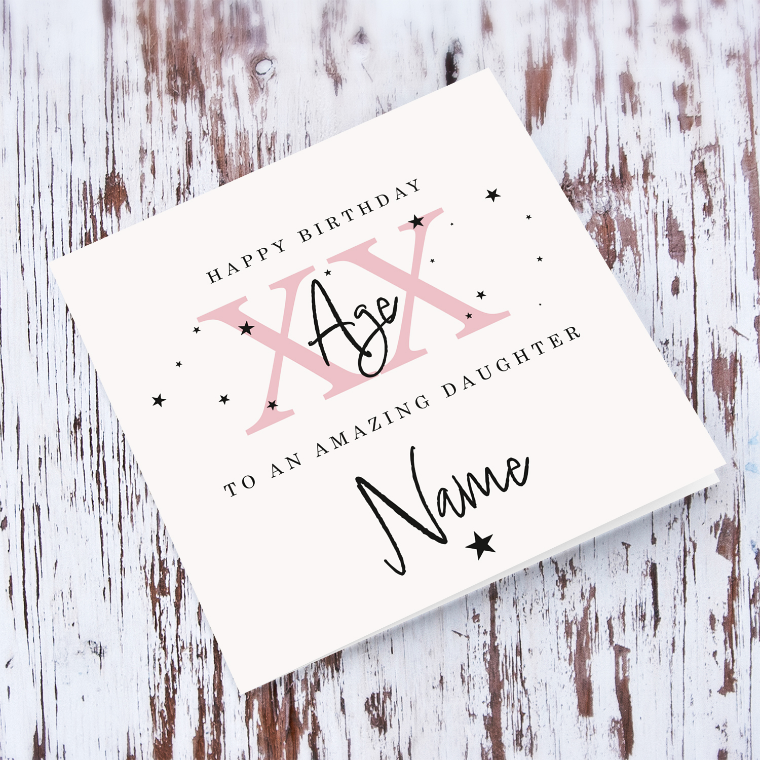 A beautiful birthday card for an amazing daughter in a neutral background with scattered black stars,  and age in pink - with personalisable Name & Age in English