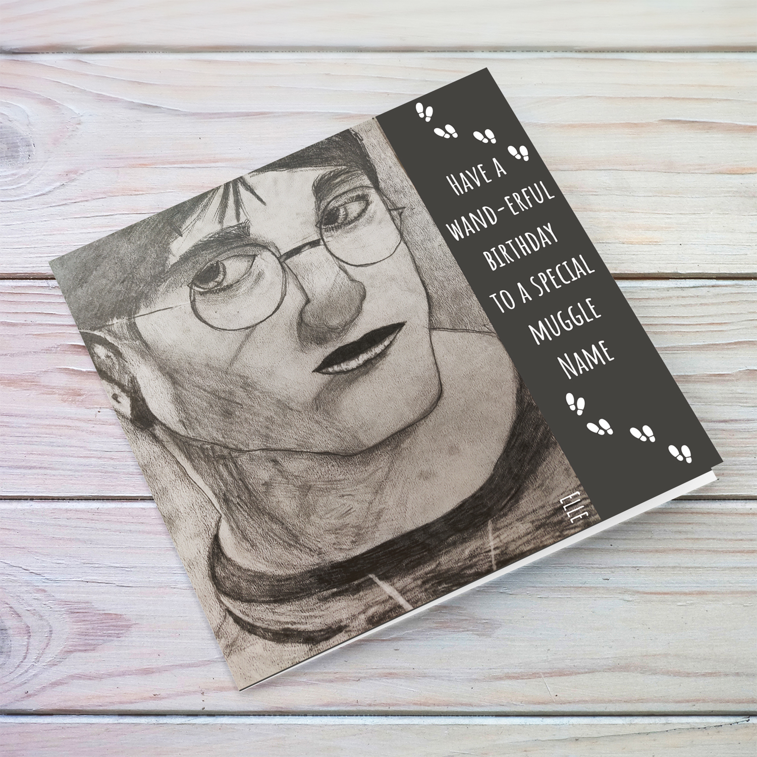 Harry Potter pencil drawing birthday card - have a wand-erful birthday to a special muggle, drawn by Elle Mamo (Unisex & Personalisable)