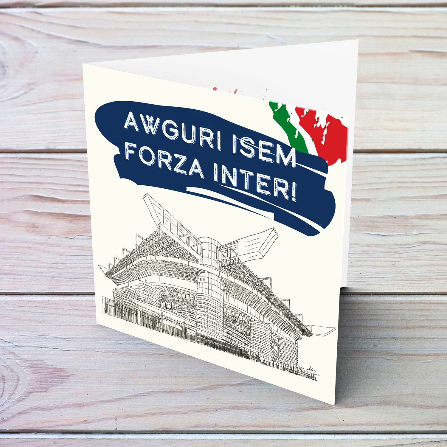 Hand drawn San Siro Stadium - Birthday Card with Italian flag colours - Forza Inter in Maltese