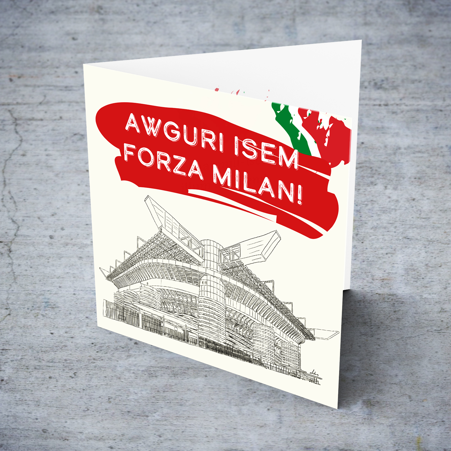 Hand drawn San Siro Stadium - Birthday Card with Italian flag colours - Forza Milan in Maltese