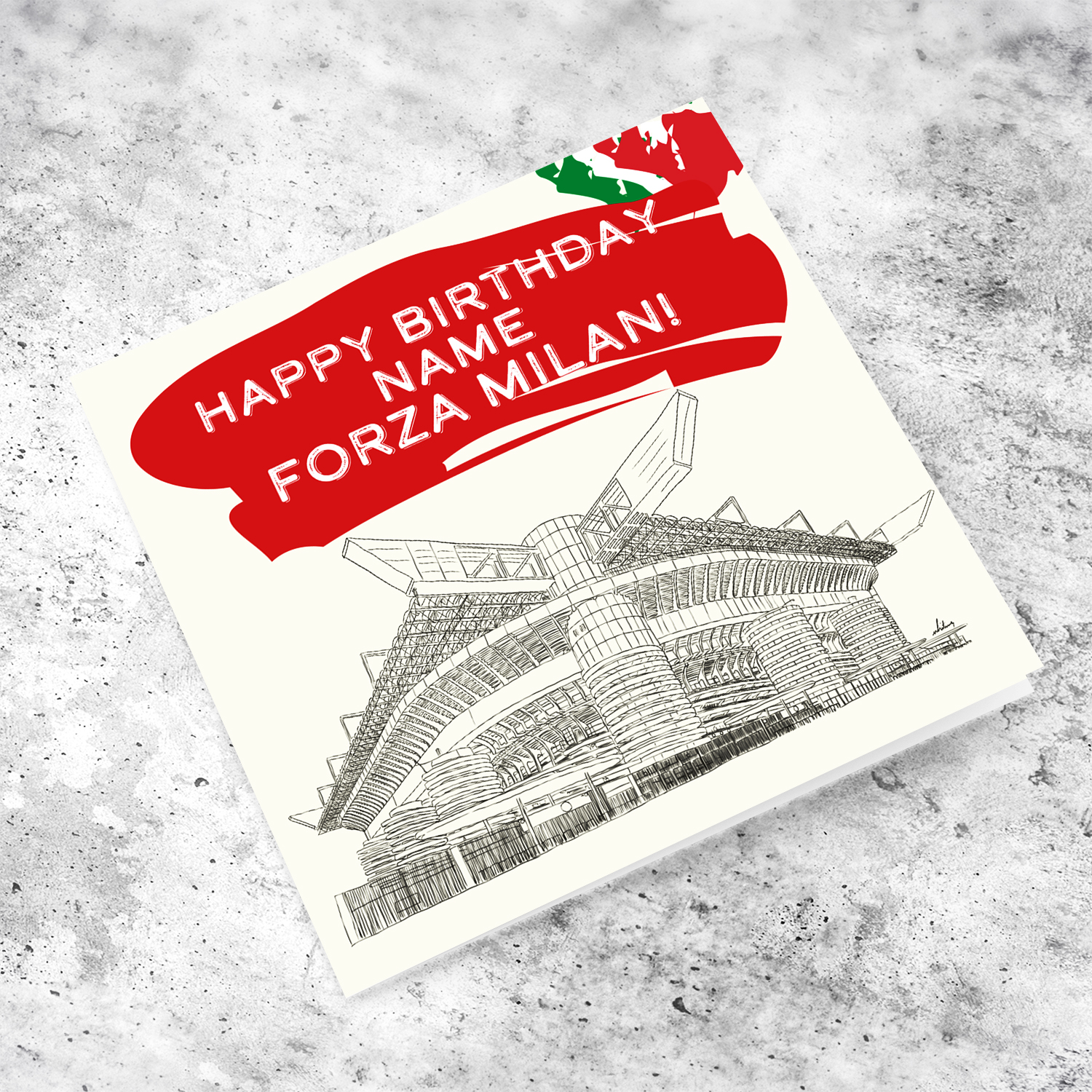 Hand drawn San Siro Stadium - Birthday Card with Italian flag colours - Forza Milan in English