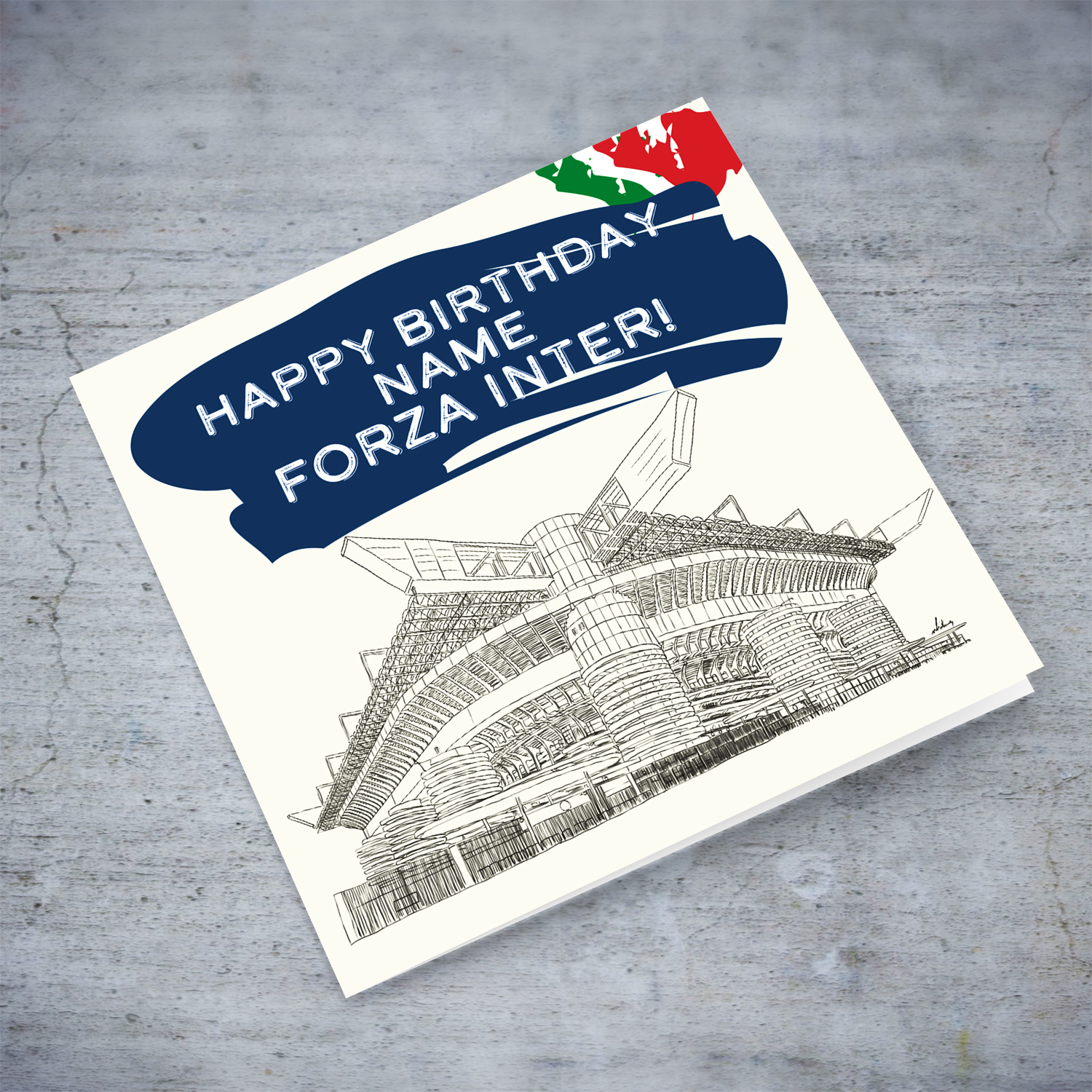 Hand drawn San Siro Stadium - Birthday Card with Italian flag colours - Forza Inter