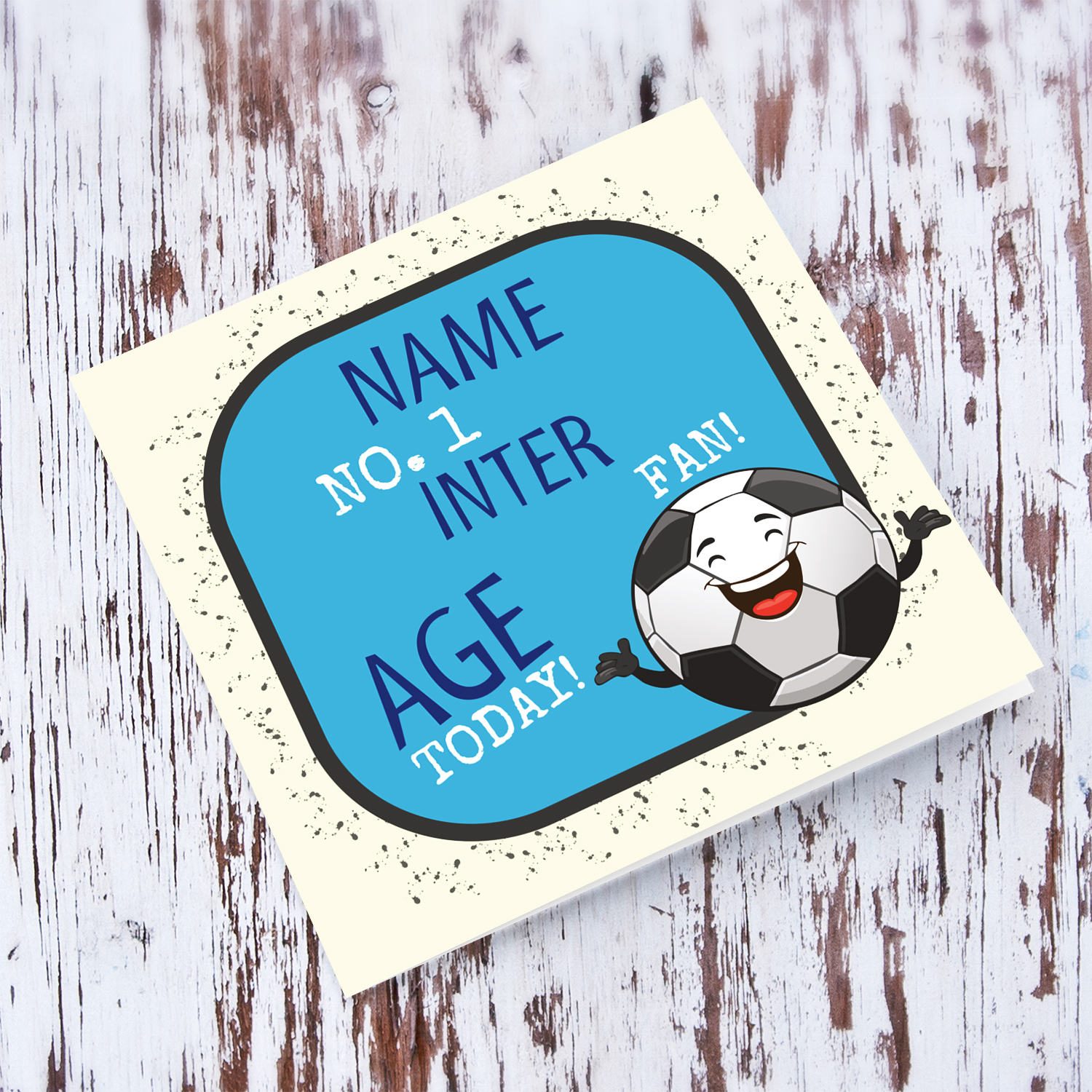 Football themed birthday card for the INTER fans with cute ball illustration in English