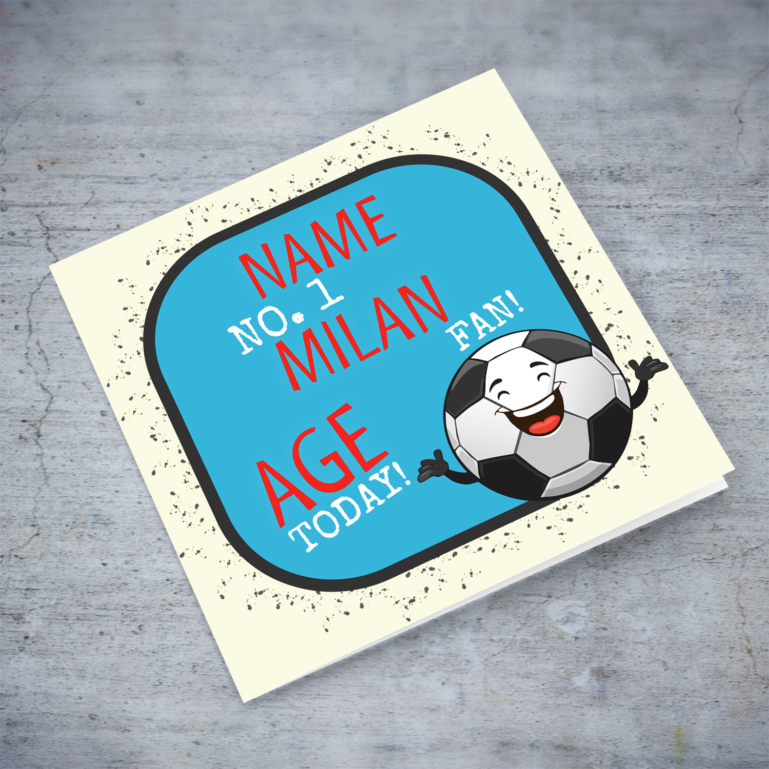 Football themed birthday card for the MILAN fans with cute ball illustration in English