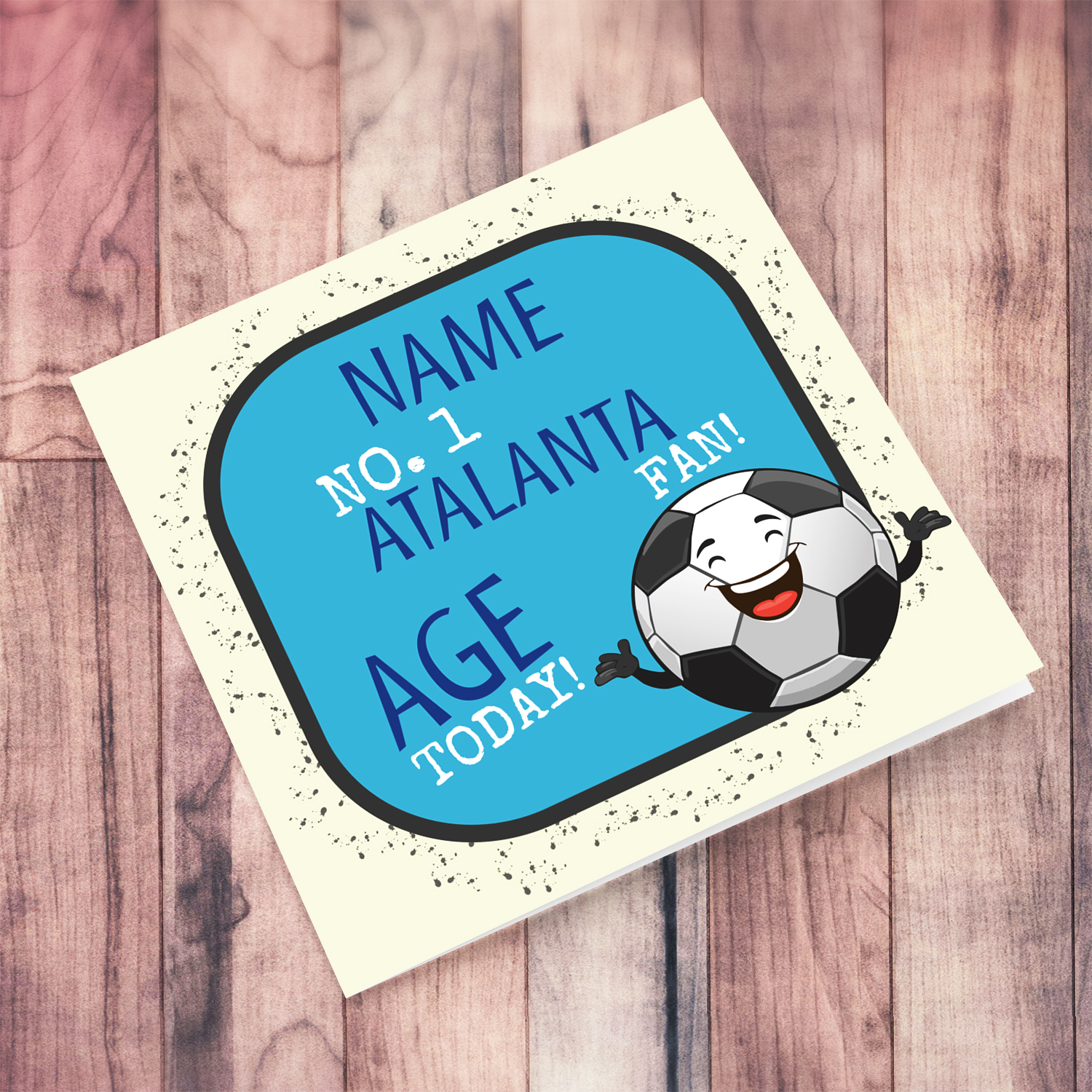 Football themed birthday card for the ATALANTA fans with cute ball illustration in English