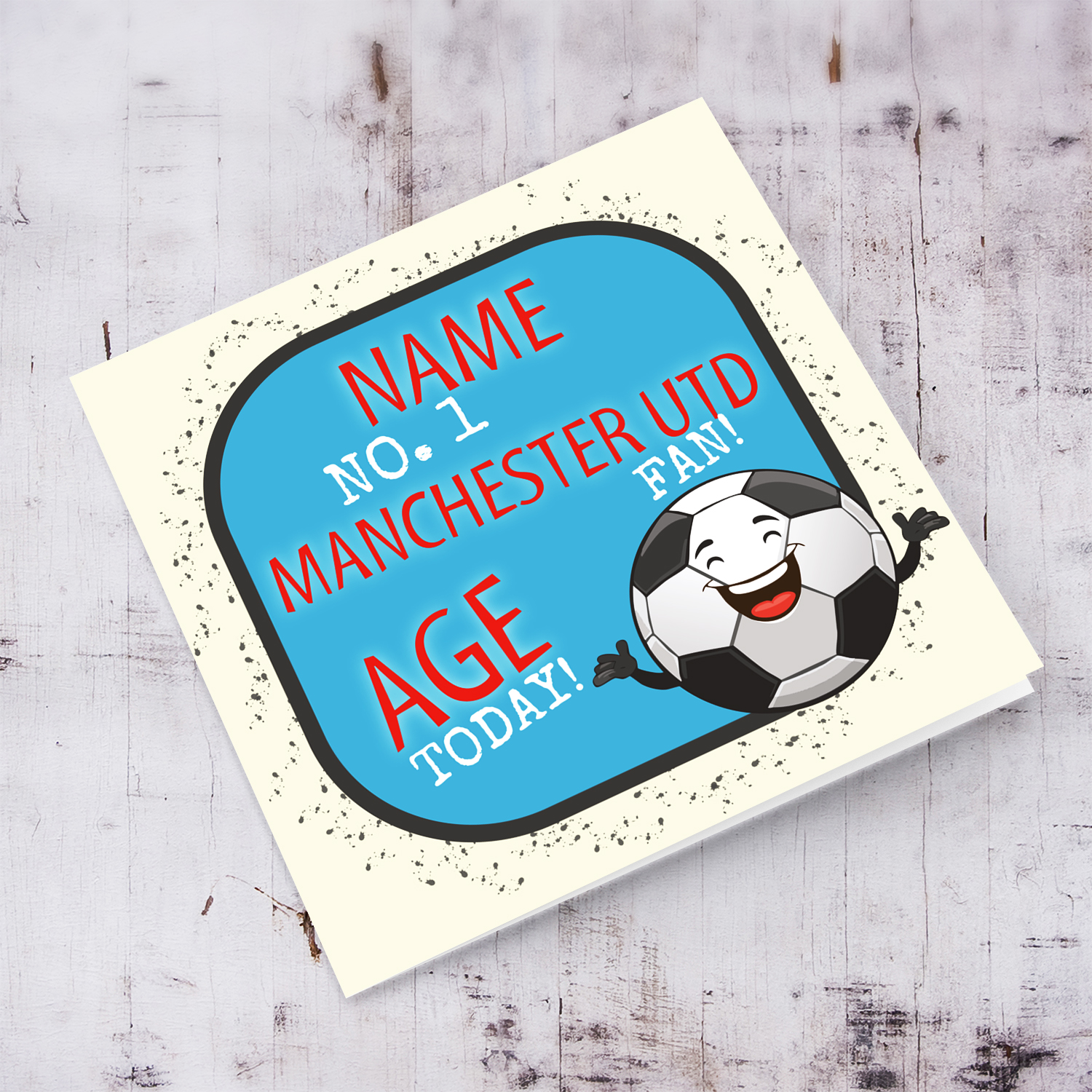 Football themed birthday card for the Manchester United fans with cute ball illustration in English