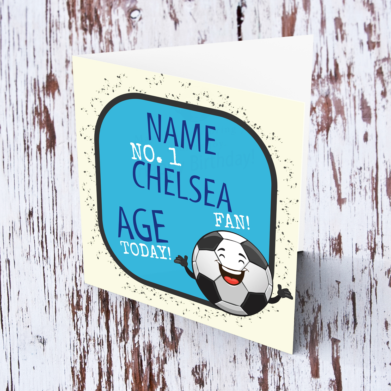 Football themed birthday card for the CHLESEA fans with cute ball illustration in English