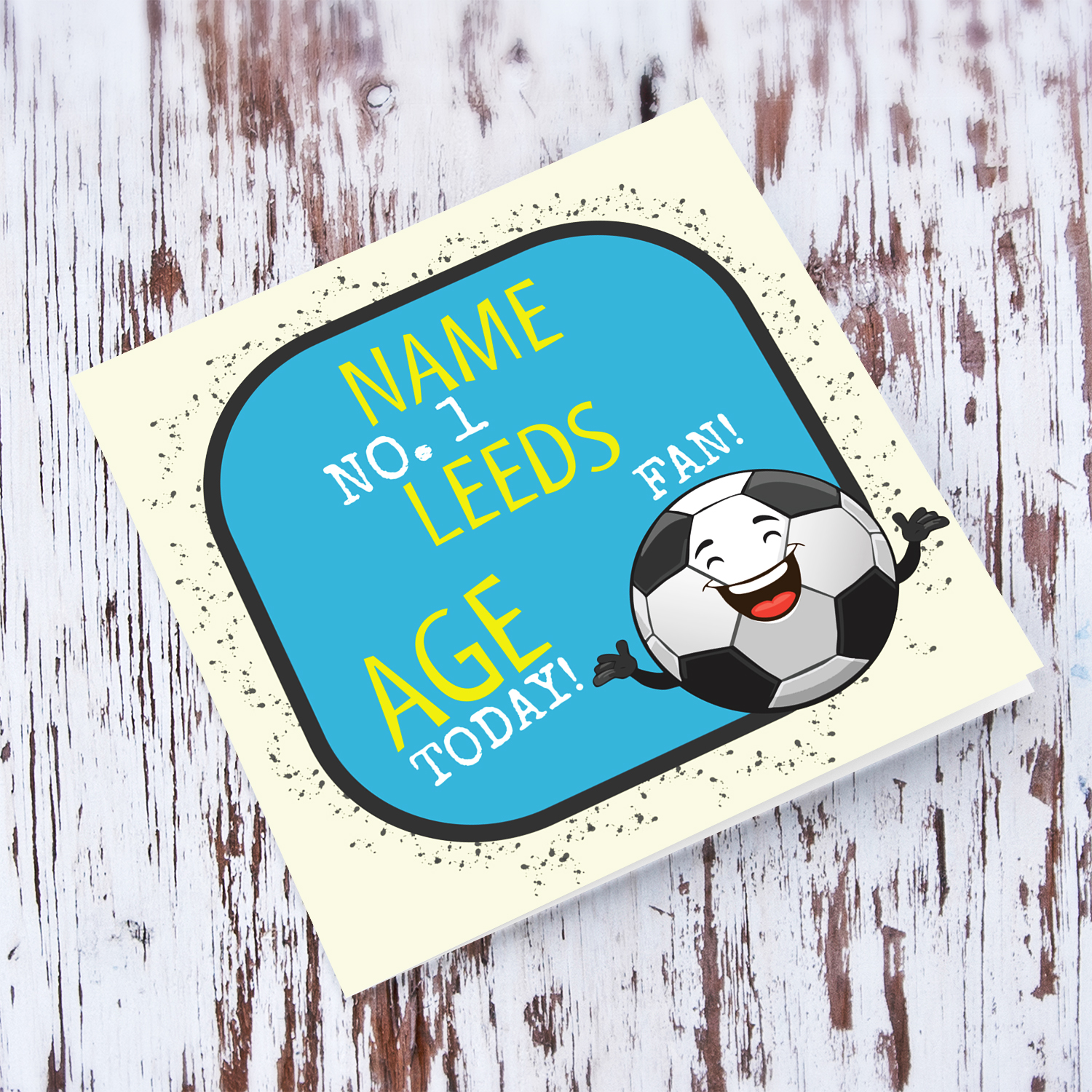 Football themed birthday card for the LEEDS fans with cute ball illustration in English