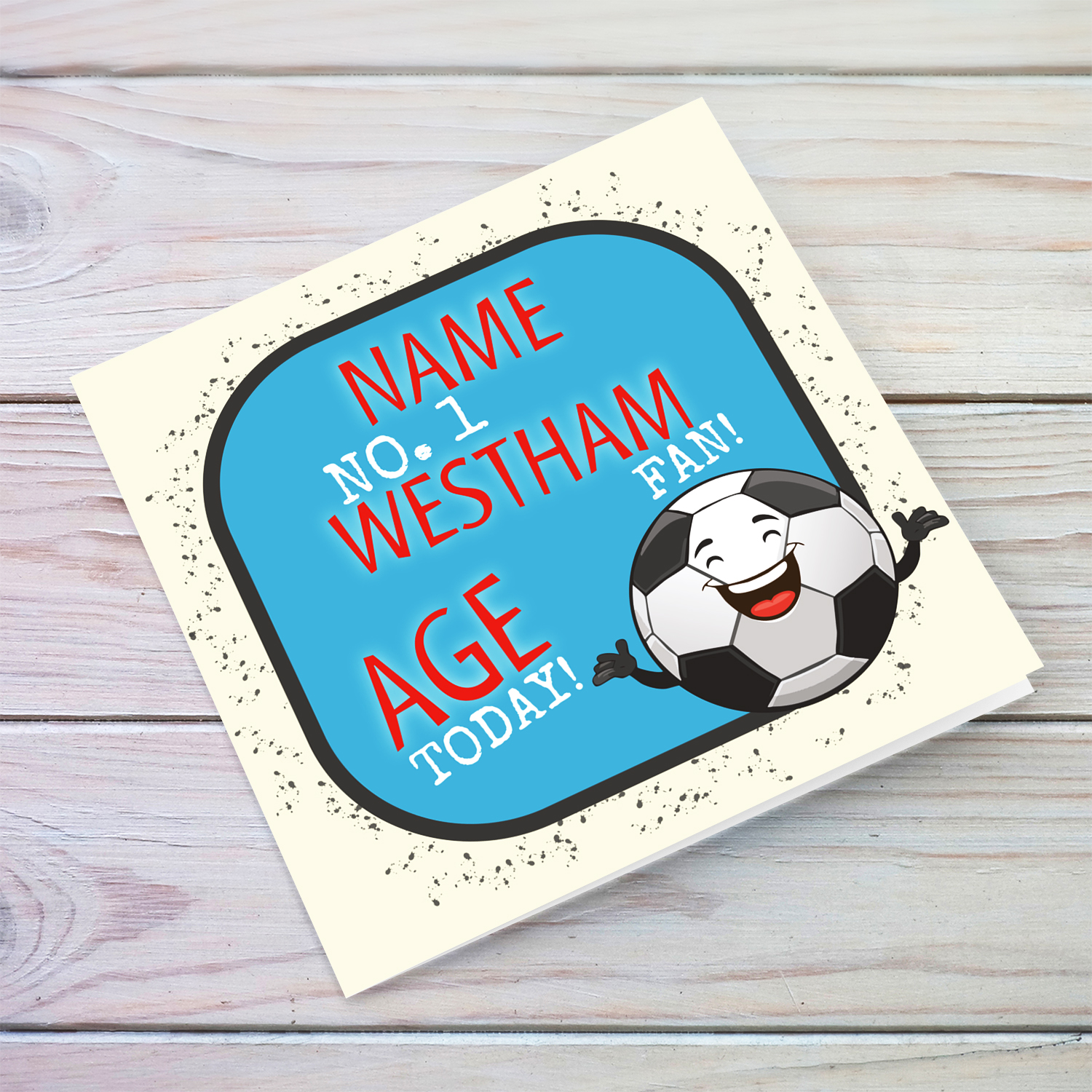 Football themed birthday card for the Westham fans with cute ball illustration in English