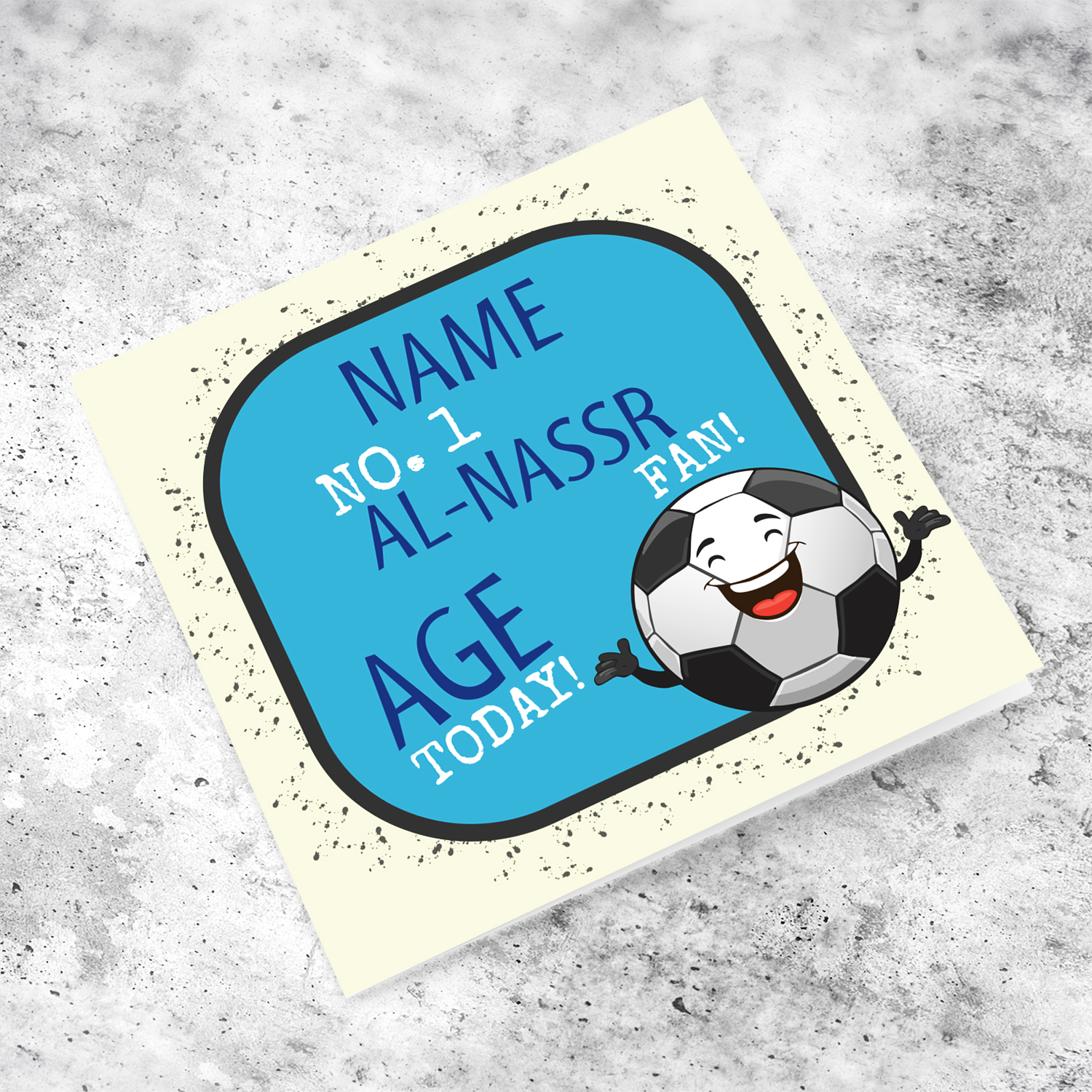 Football themed birthday card for the AL-NASSR fans with cute ball illustration in English